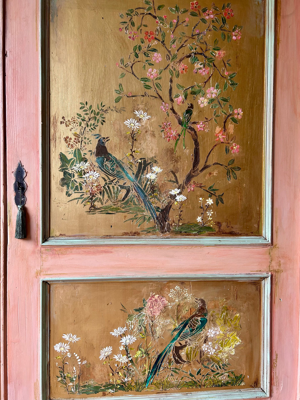 Vintage Painted Pine Armoire/Linen Press with Inlaid Chinoiserie