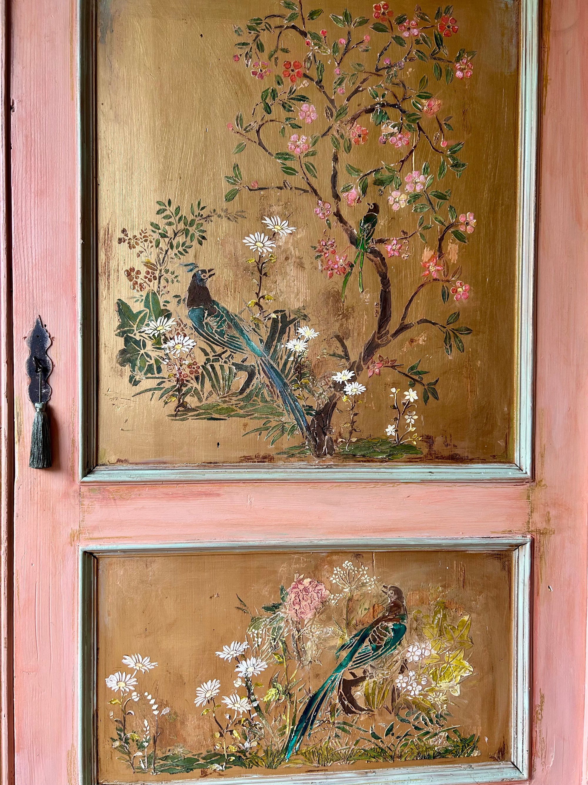 Vintage Painted Pine Armoire/Linen Press with Inlaid Chinoiserie