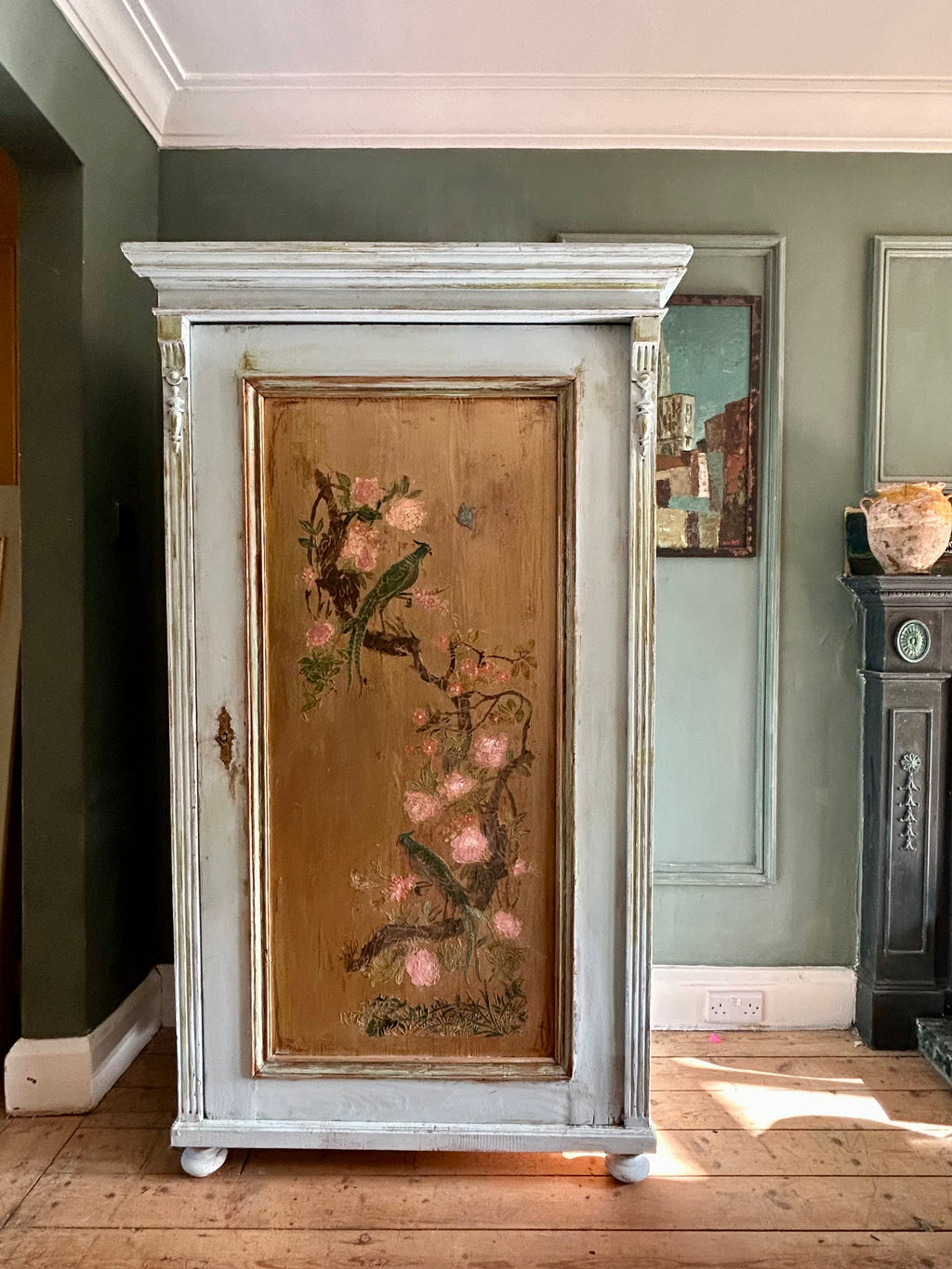 Vintage Painted Pine Armoire with Chinoiserie Panel