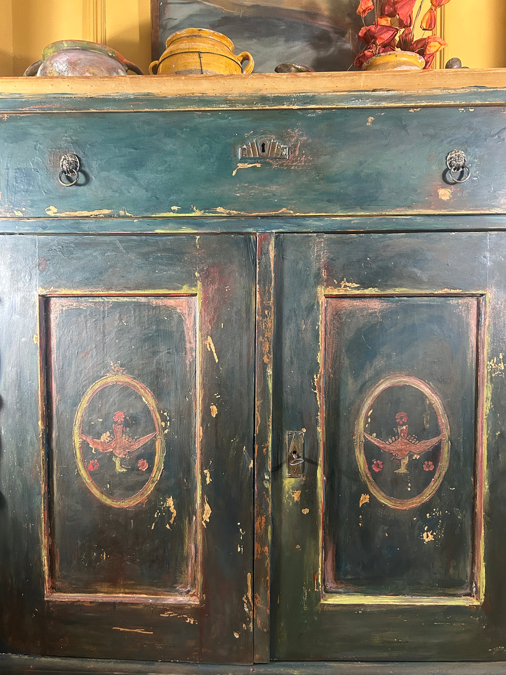 Antique Painted Linen Press with Folk Art Panels