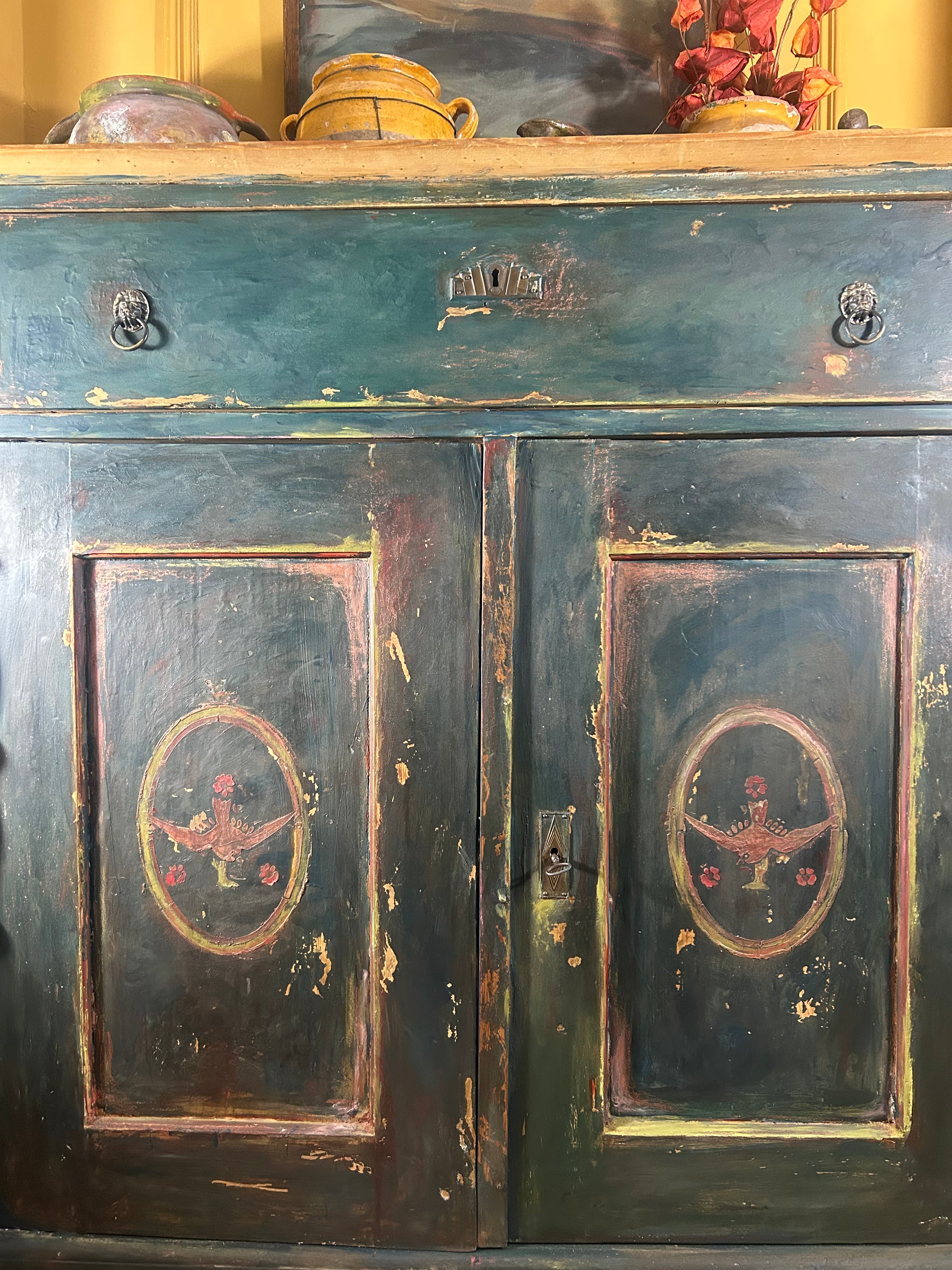Antique Painted Linen Press with Folk Art Panels
