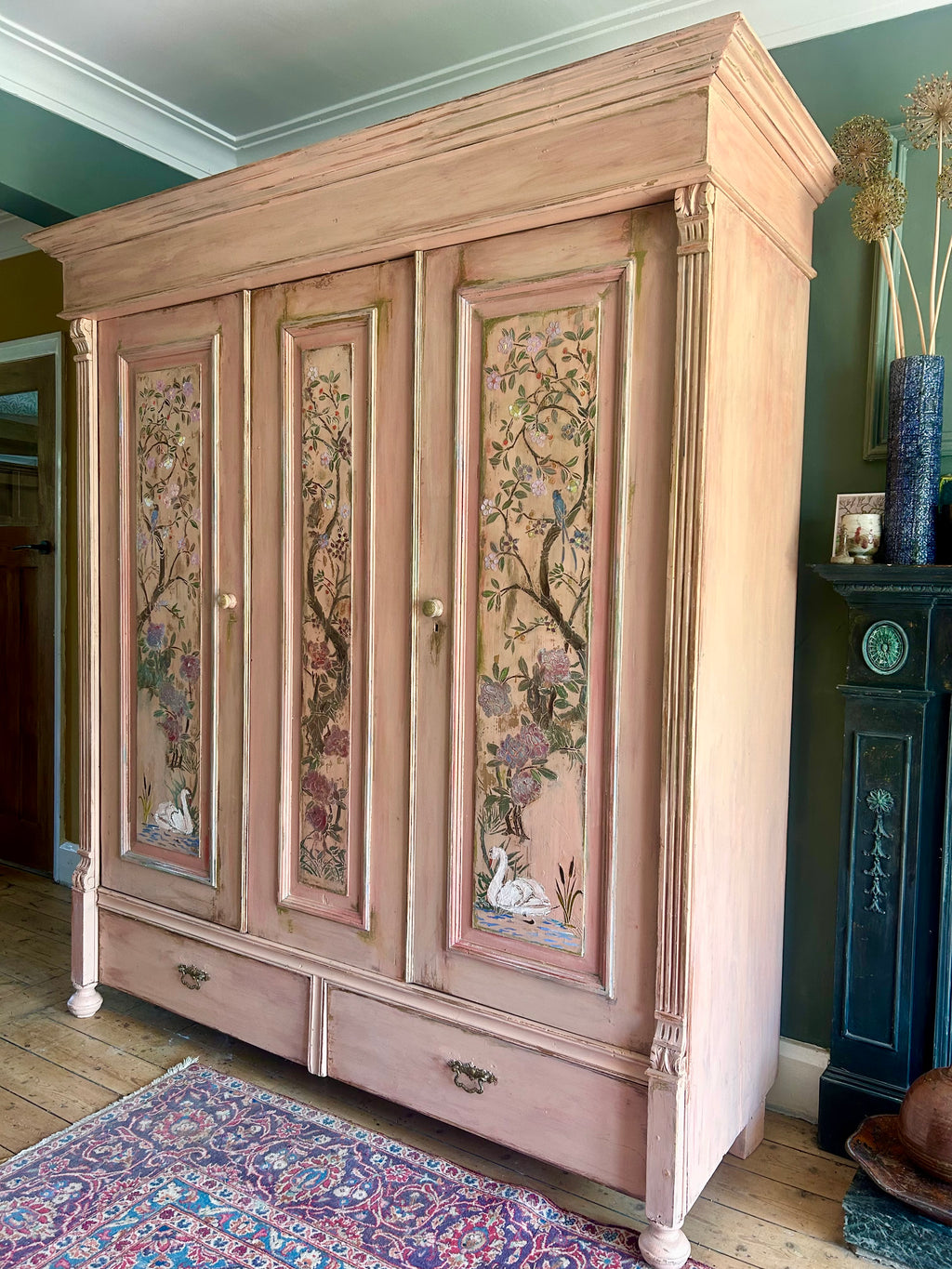 Painted Pine Triple wardrobe with Chinoiserie Panels