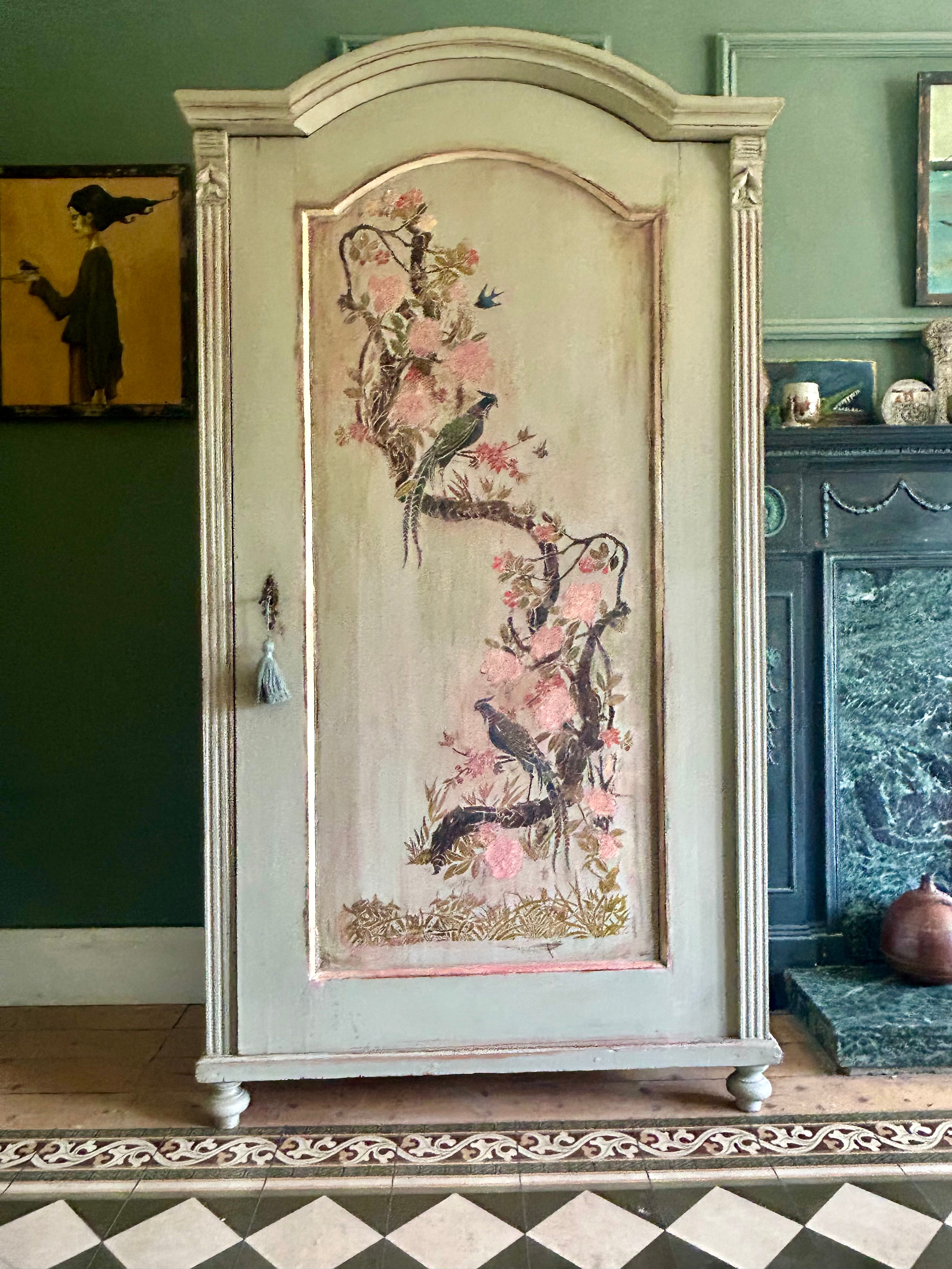Antique Painted Pine Armoire with Chinoiserie Panel