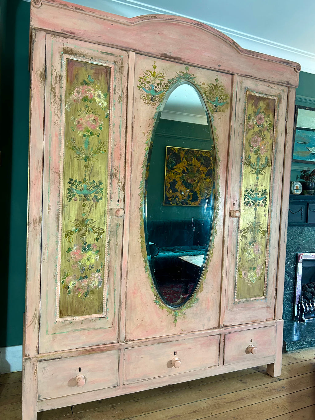 Vintage Painted Pine Triple Wardrobe with Inlaid Chinoiserie