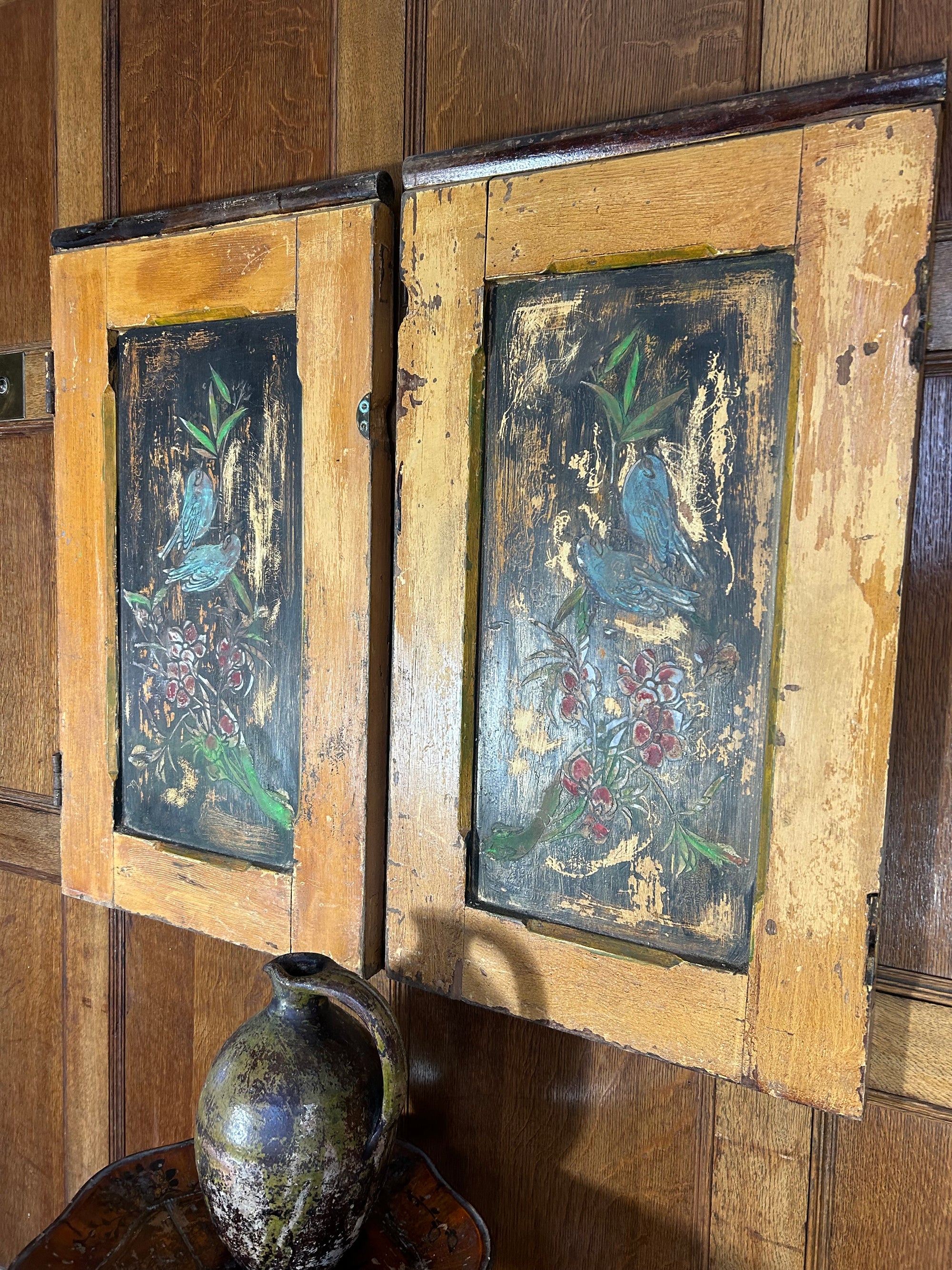 Pair of Reclaimed Door Wallhangings with Inlaid Bird Design