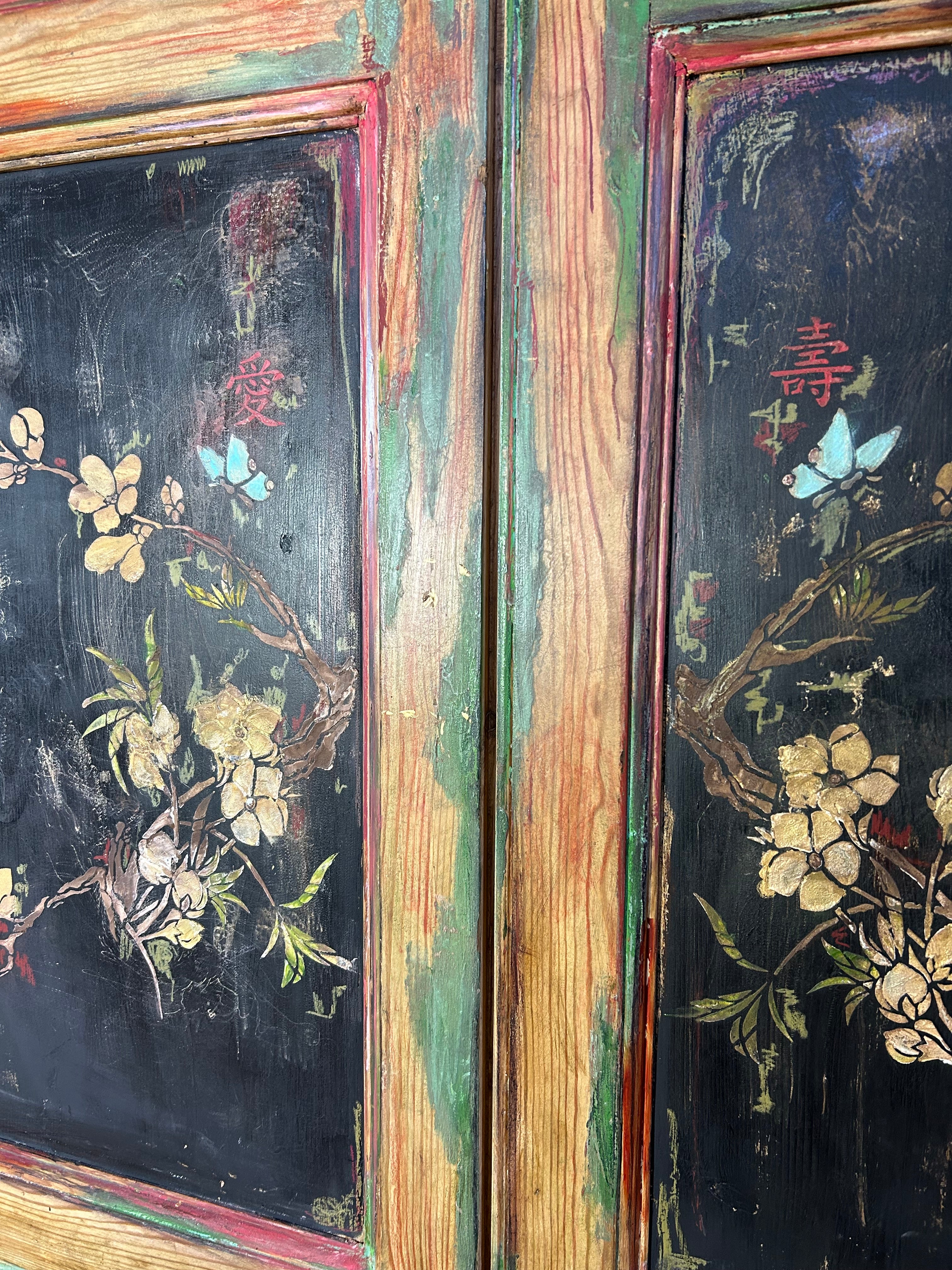 Vintage Painted Pine Linen Press with Inlaid Chinoiserie. RESERVED