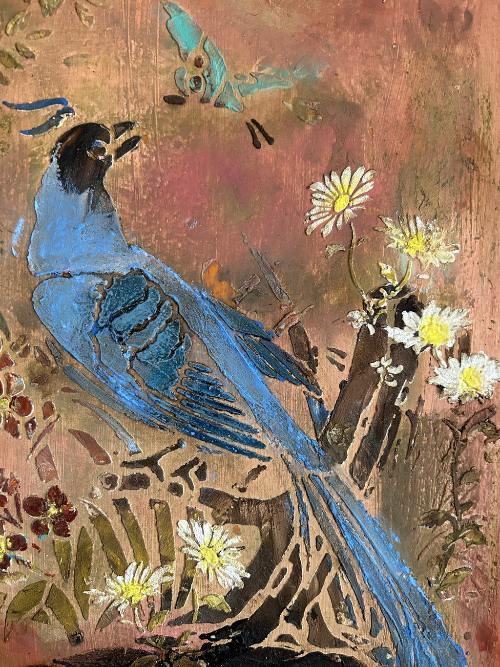 Reclaimed Door Wallhanging with Bird Chinoiserie