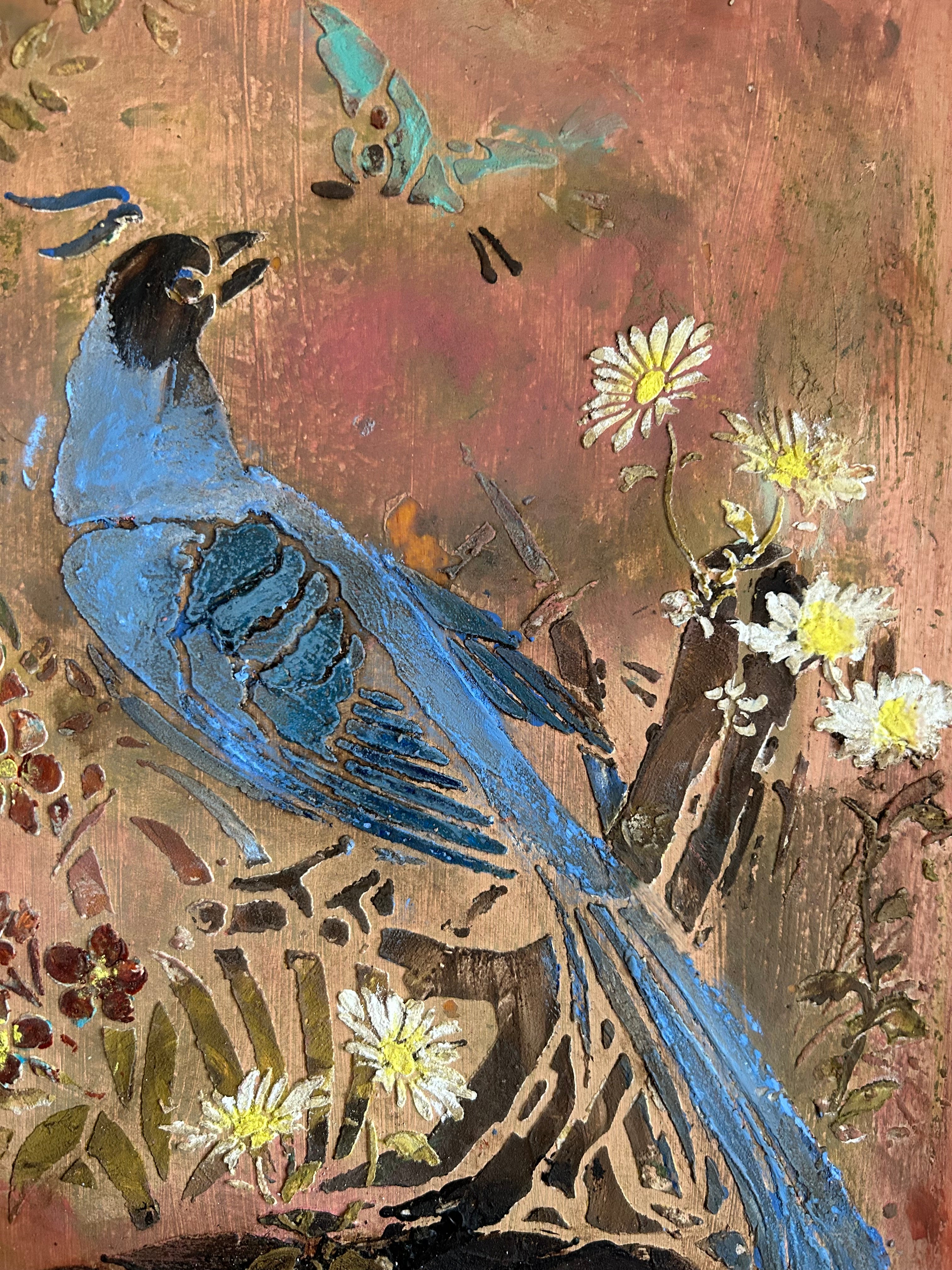 Reclaimed Door Wallhanging with Bird Chinoiserie