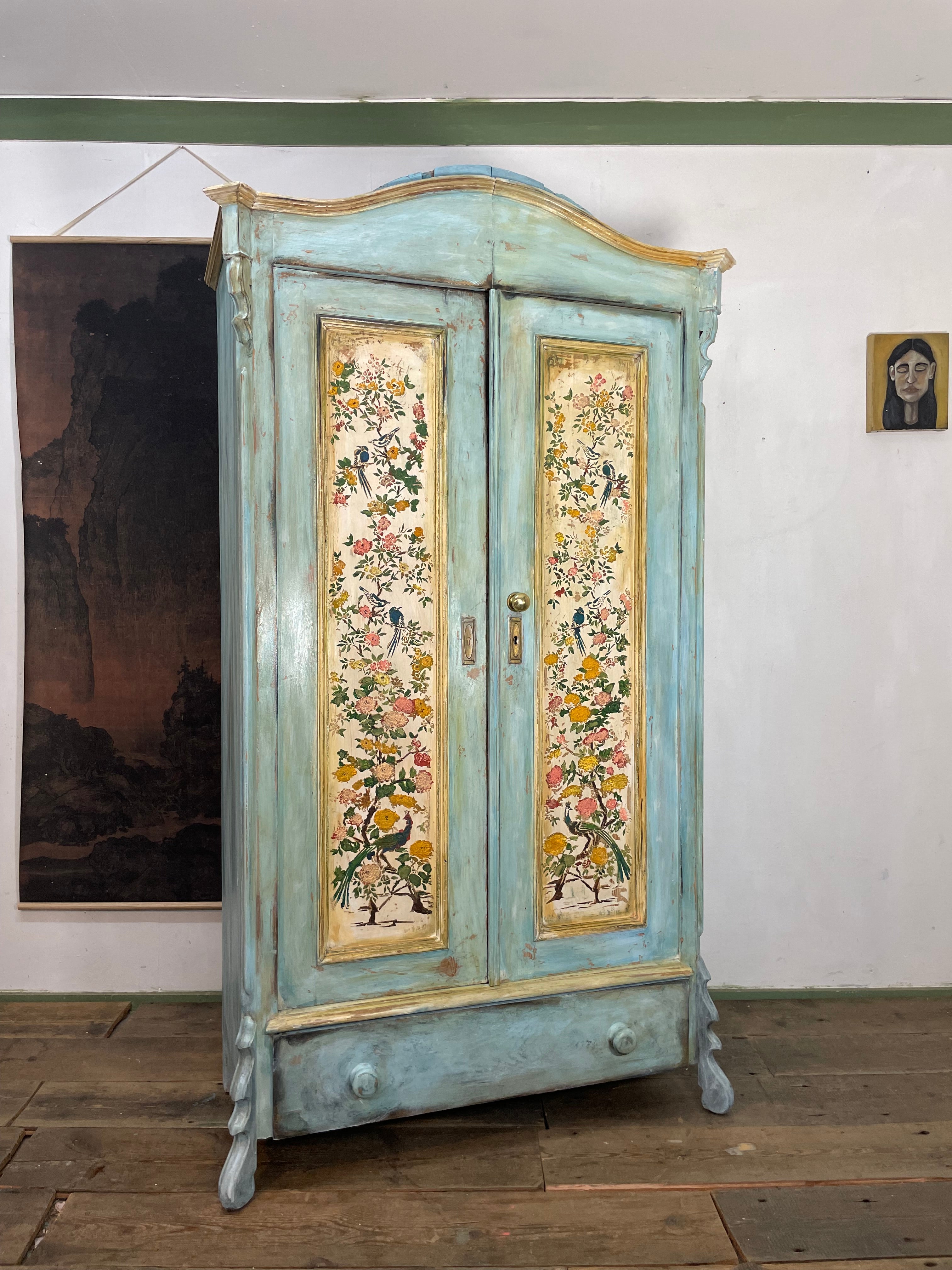 Vintage French Painted Pine Armoire with Chinoiserie Panels