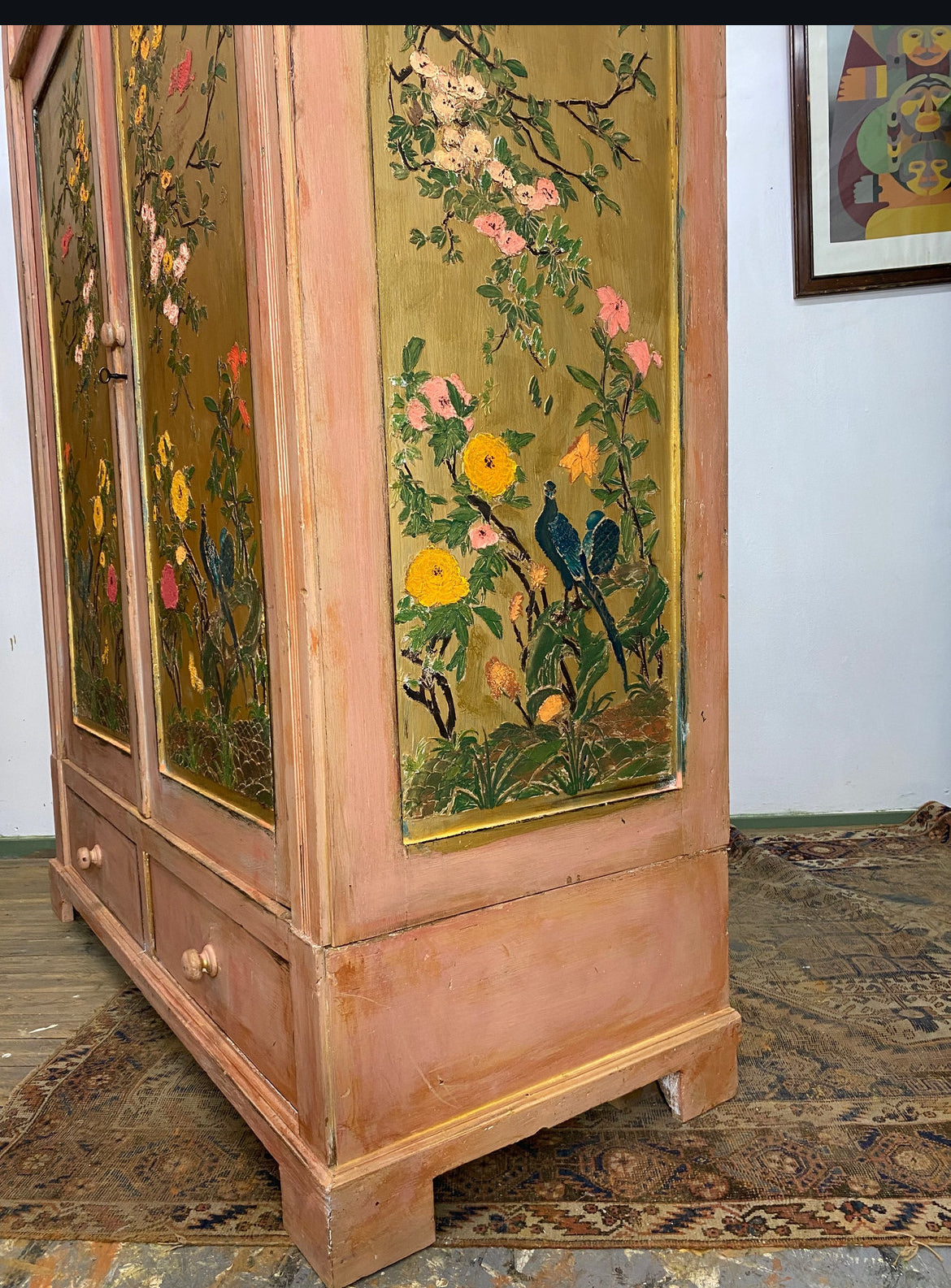 Vintage Pine Knockdown Painted Wardrobe with Chinoiserie Panels