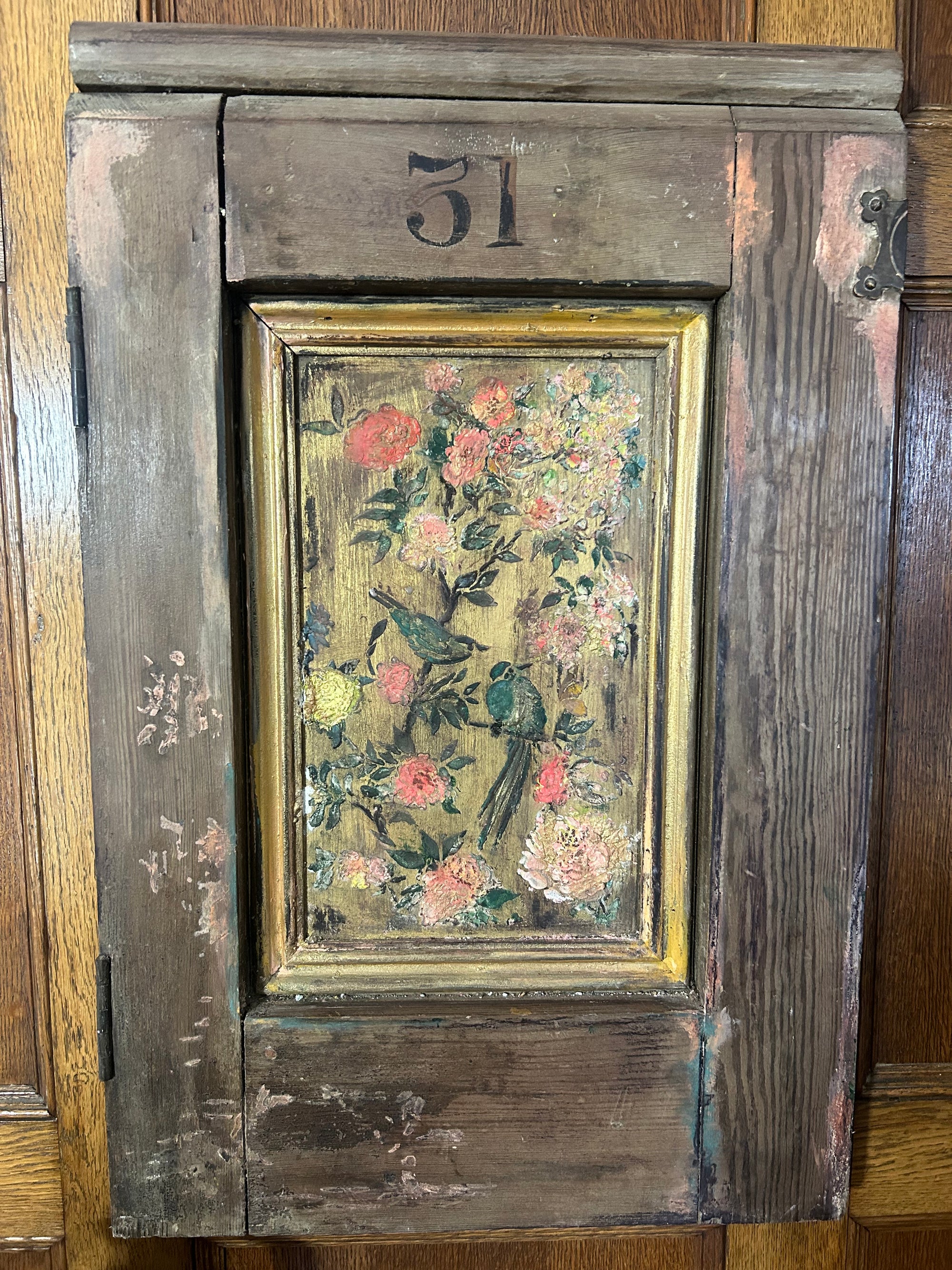 Reclaimed Church Pew Door Wallhanging with Inlaid Chinoiserie