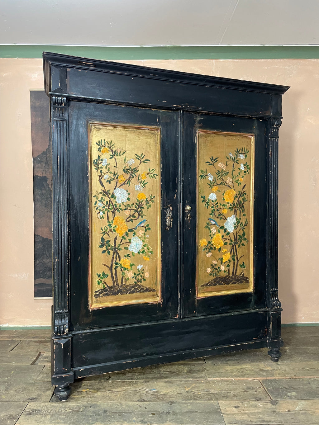 Vintage Painted Pine Wardrobe with Chinoiserie Panels
