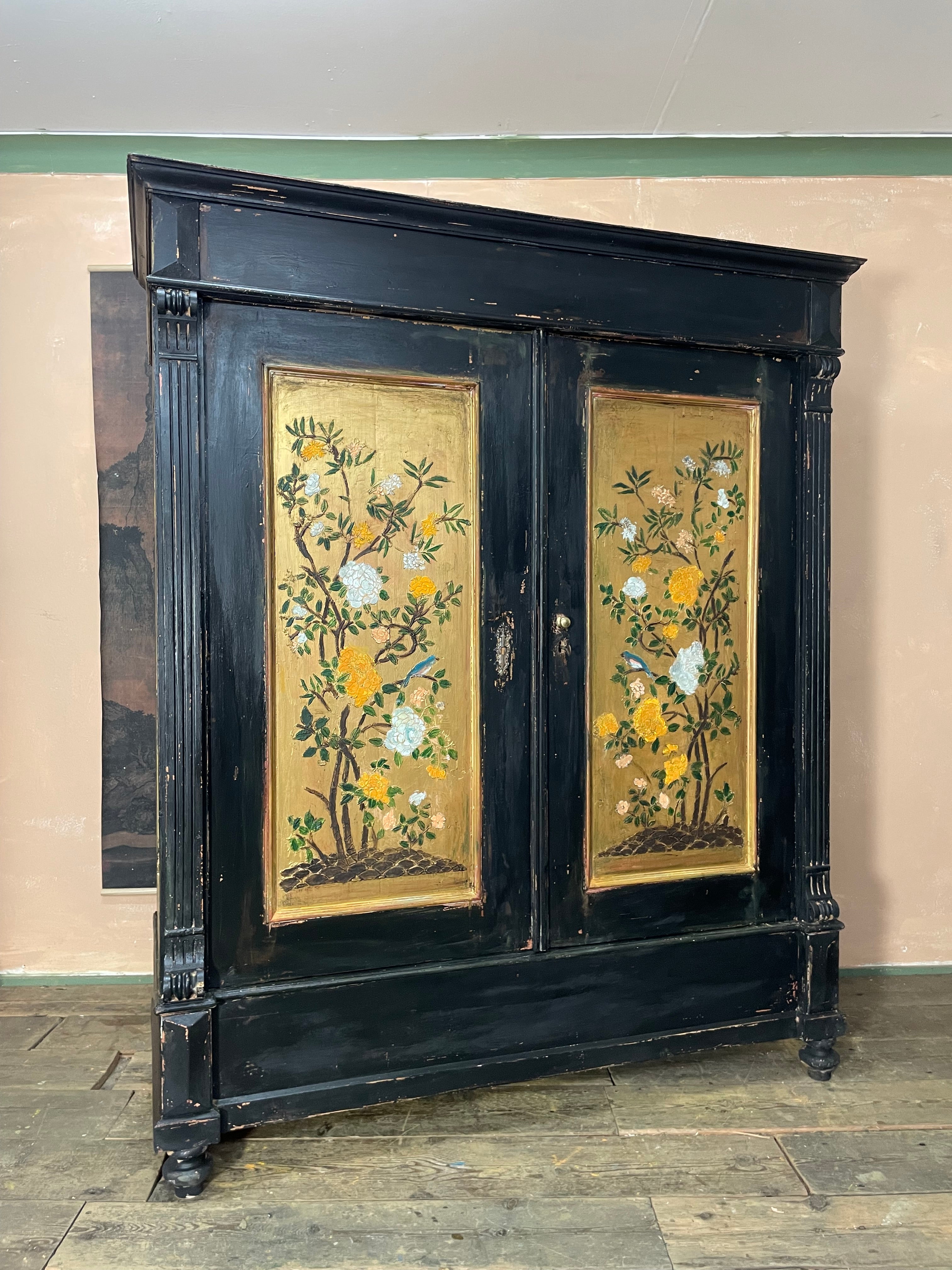 Vintage Painted Pine Wardrobe with Chinoiserie Panels