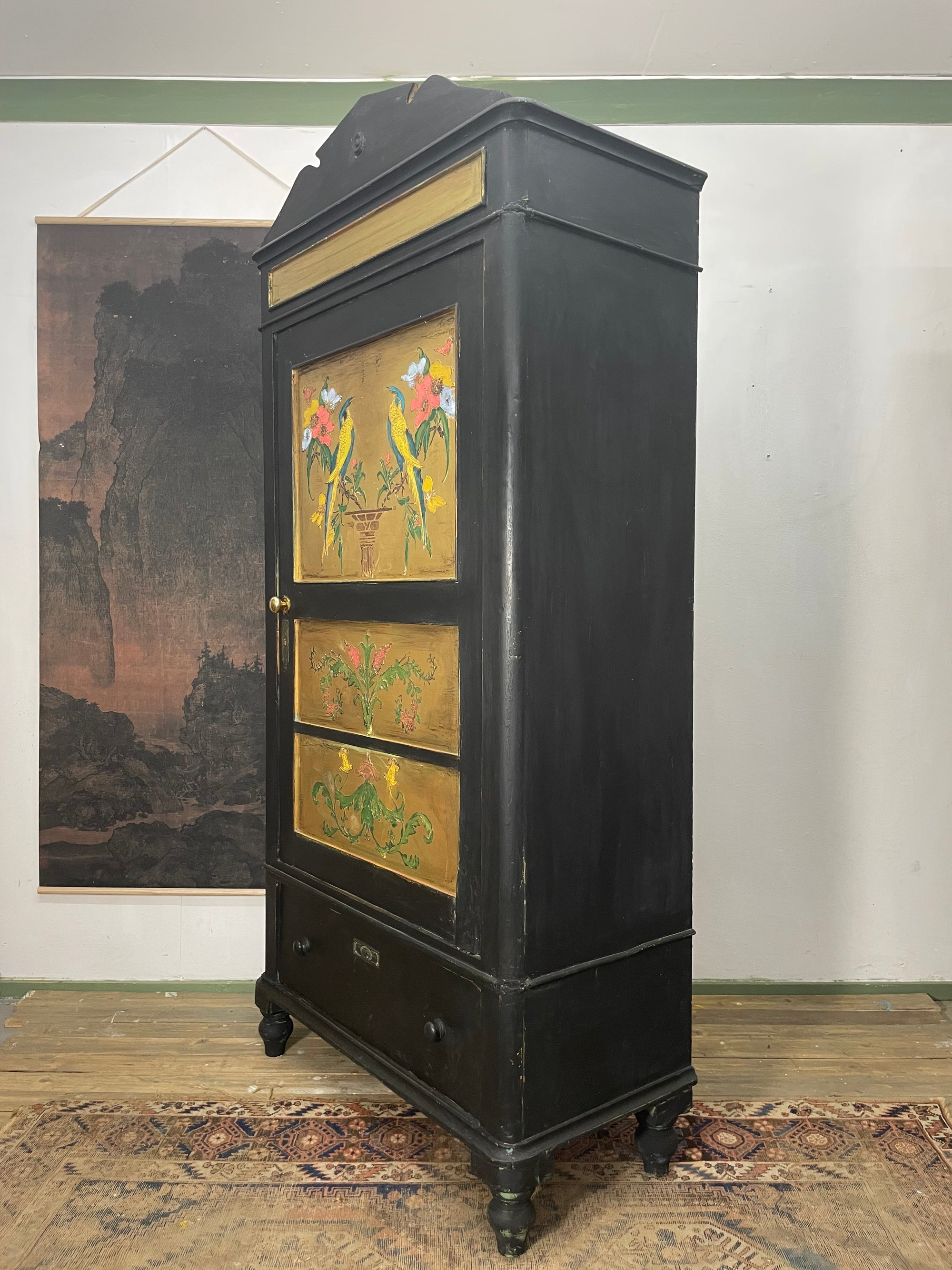 Vintage Painted Pine Wardrobe/ Hall Cupboard with Bird Panels