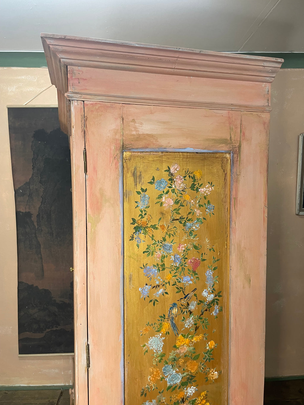 Vintage/ Antique Painted Pine Wardrobe with Inlaid Chinoiserie Panels