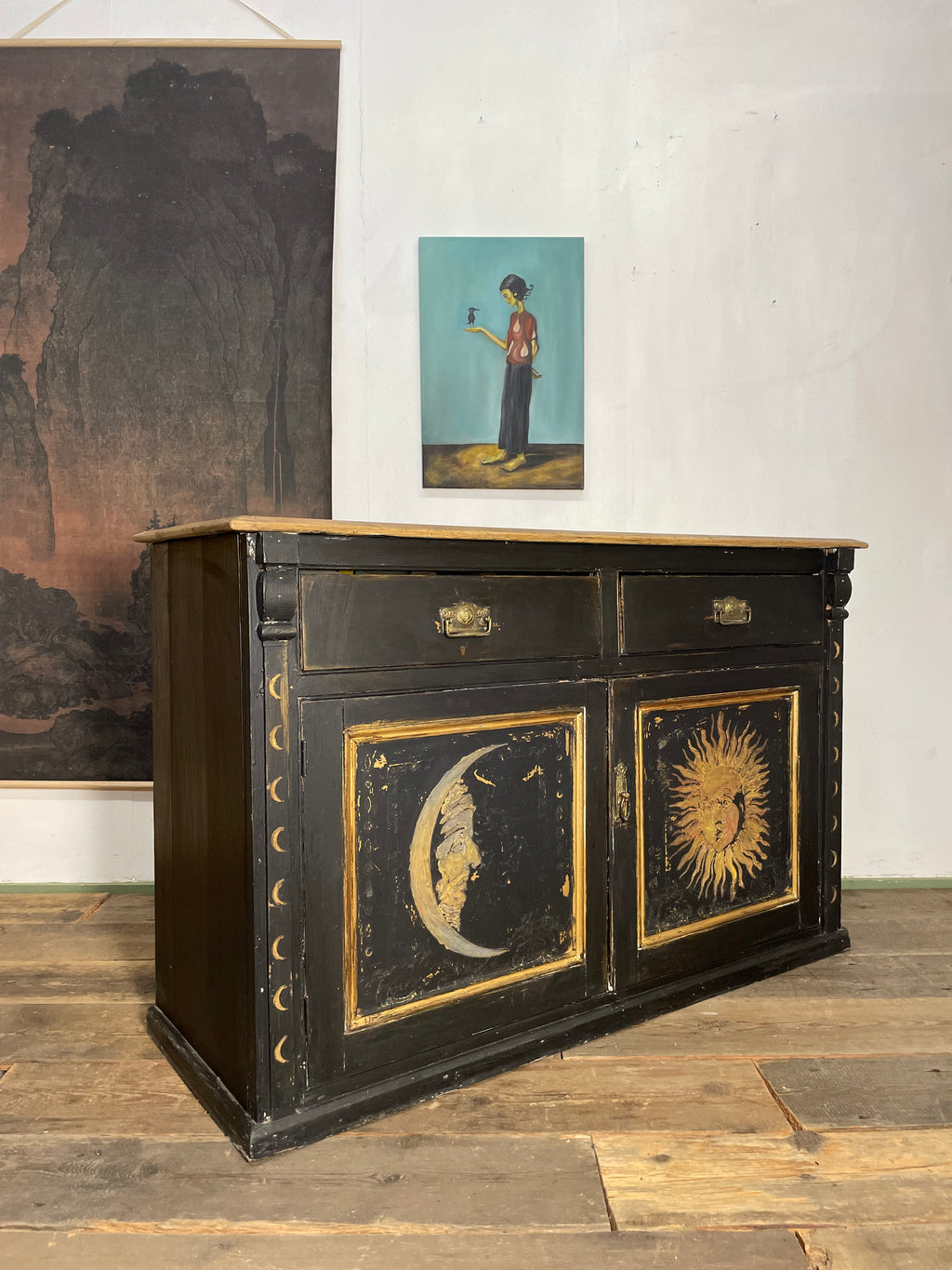 Vintage Painted Pine Sun & Moon Cupboard