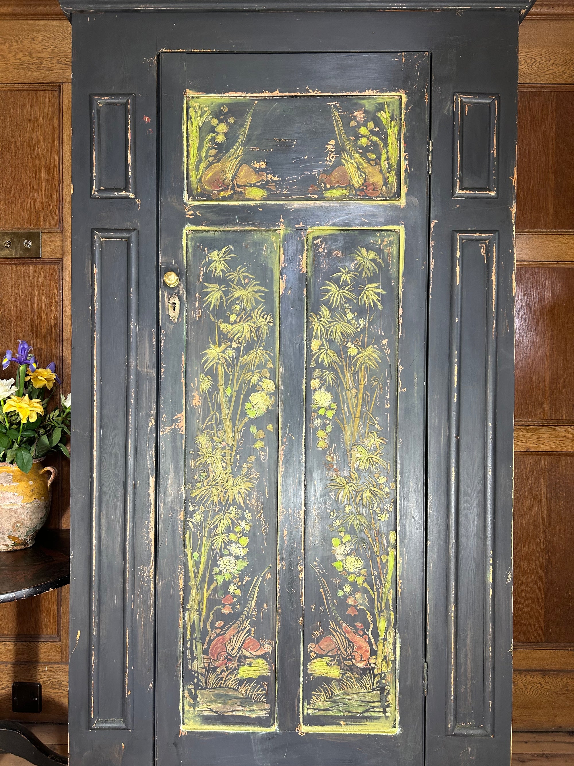 Vintage Painted Hall Cupboard/ Small Wardrobe with Inlaid Chinoiserie