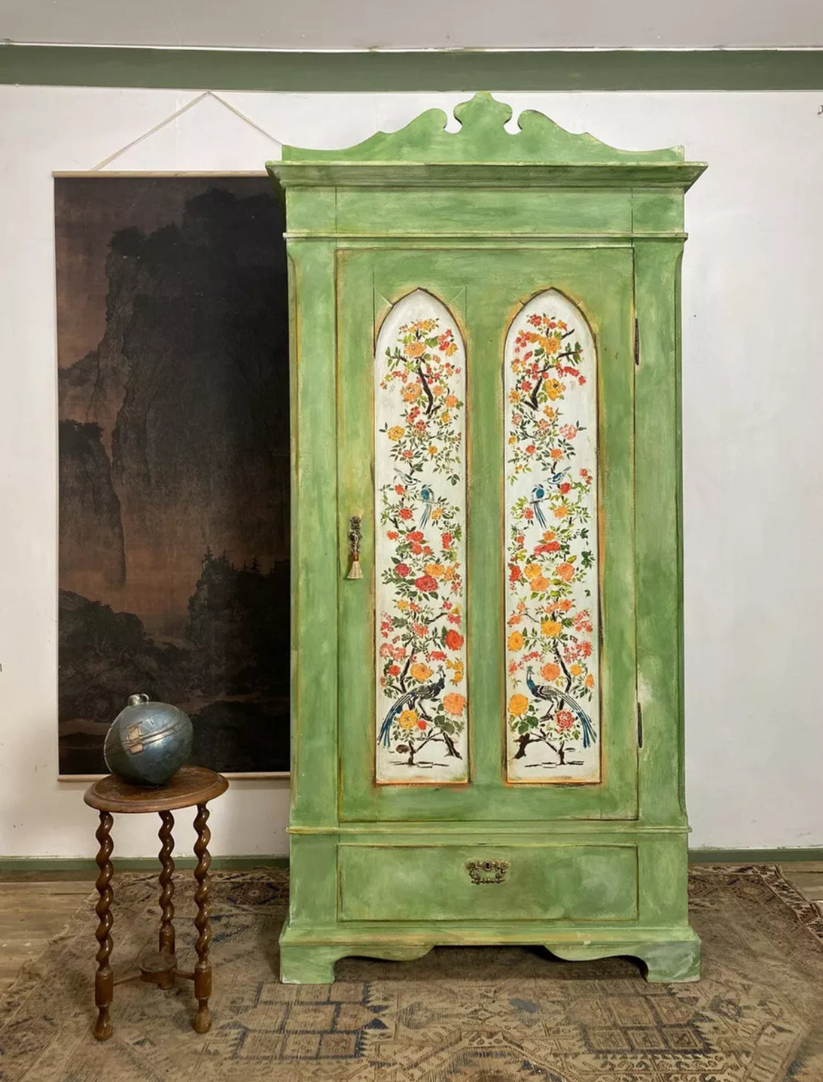 Vintage Painted Pine Wardrobe with Chinoiserie Panels