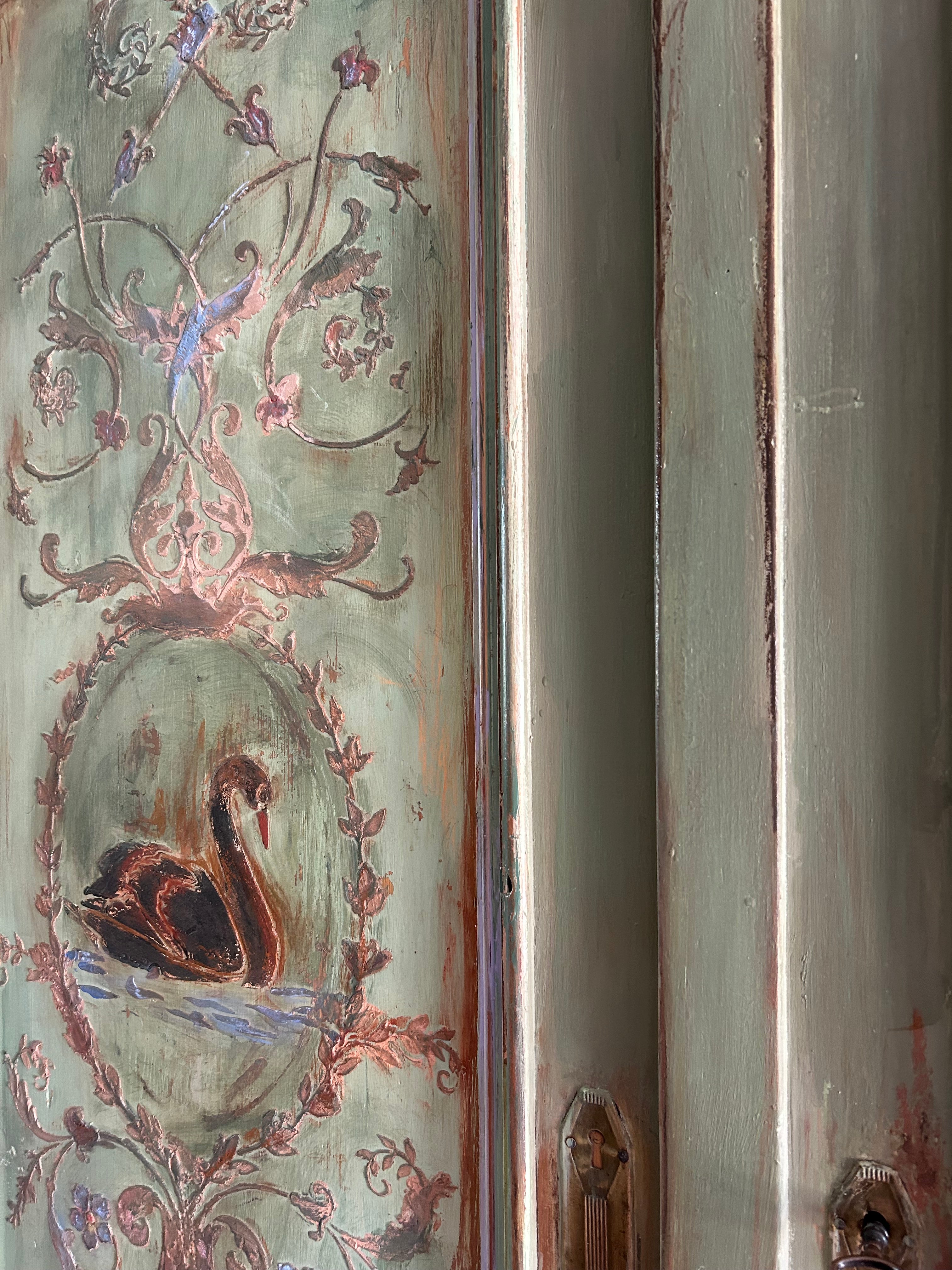 Painted Pine French Wardrobe with Chinoiserie Black Swan