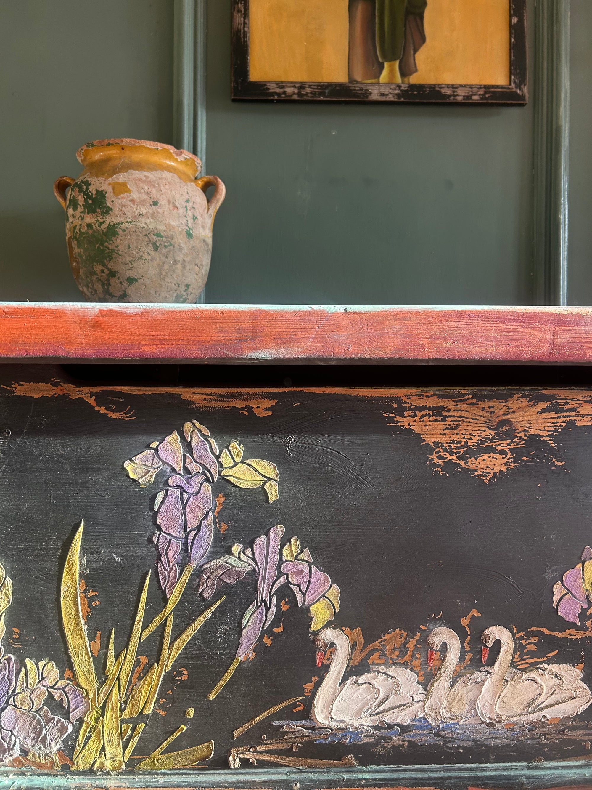 Vintage Painted Blanket Box with Swan Chinoiserie
