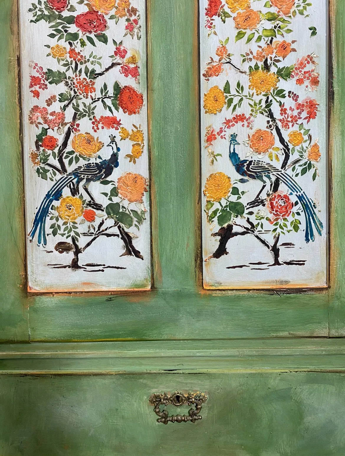 Vintage Painted Pine Wardrobe with Chinoiserie Panels