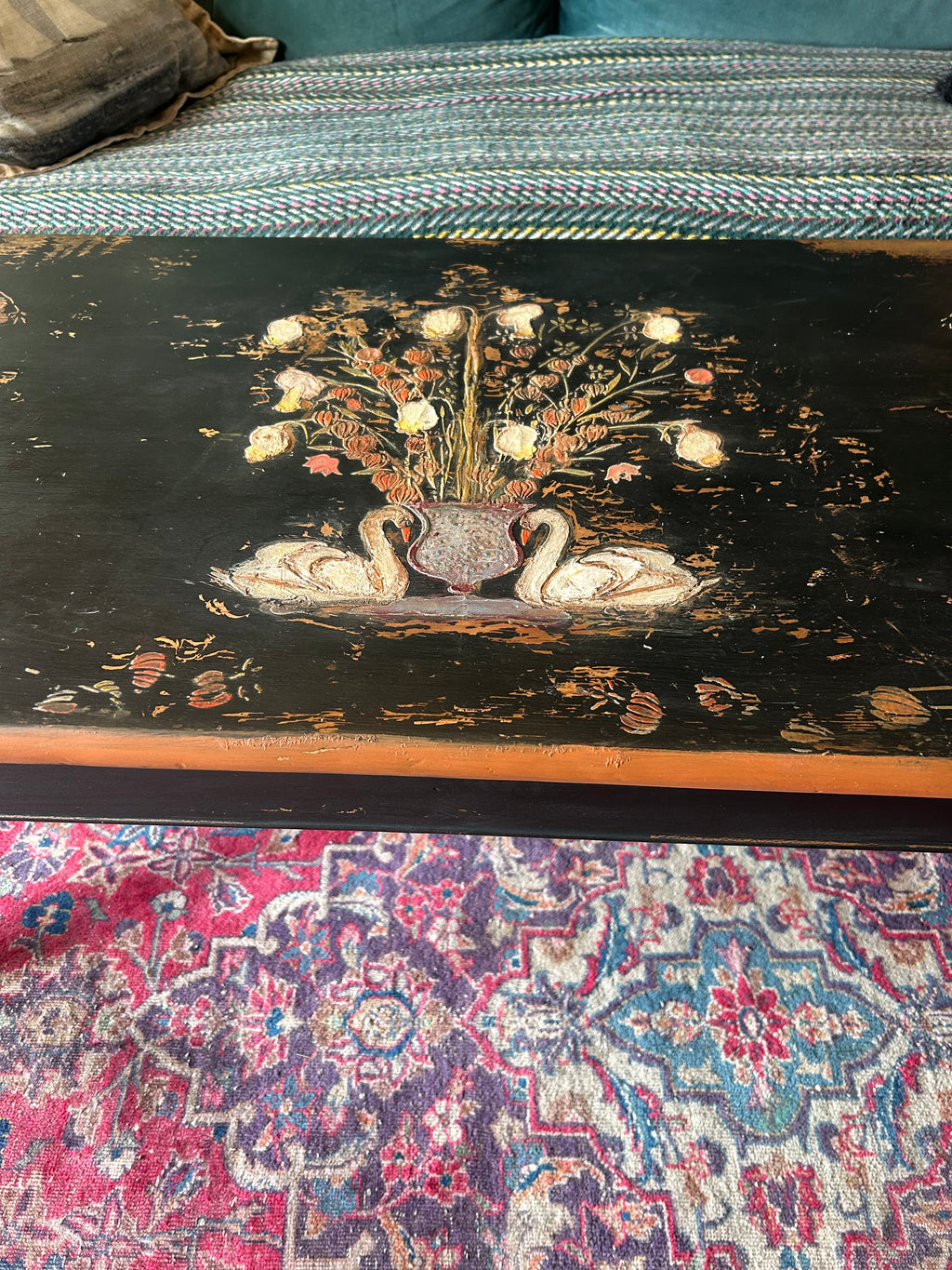 Vintage Painted Coffee Table with Folk Art Design