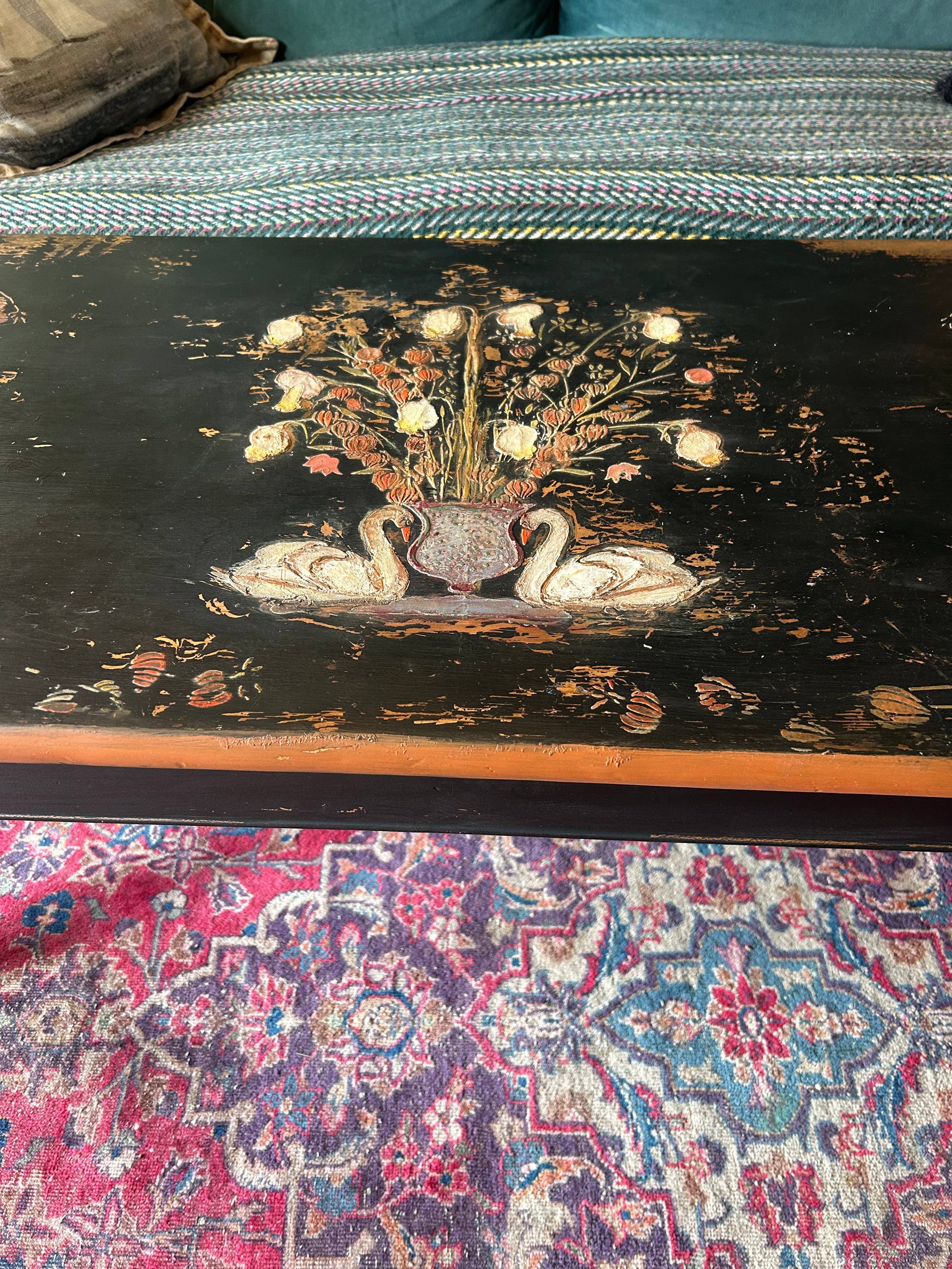 Vintage Painted Coffee Table with Folk Art Design