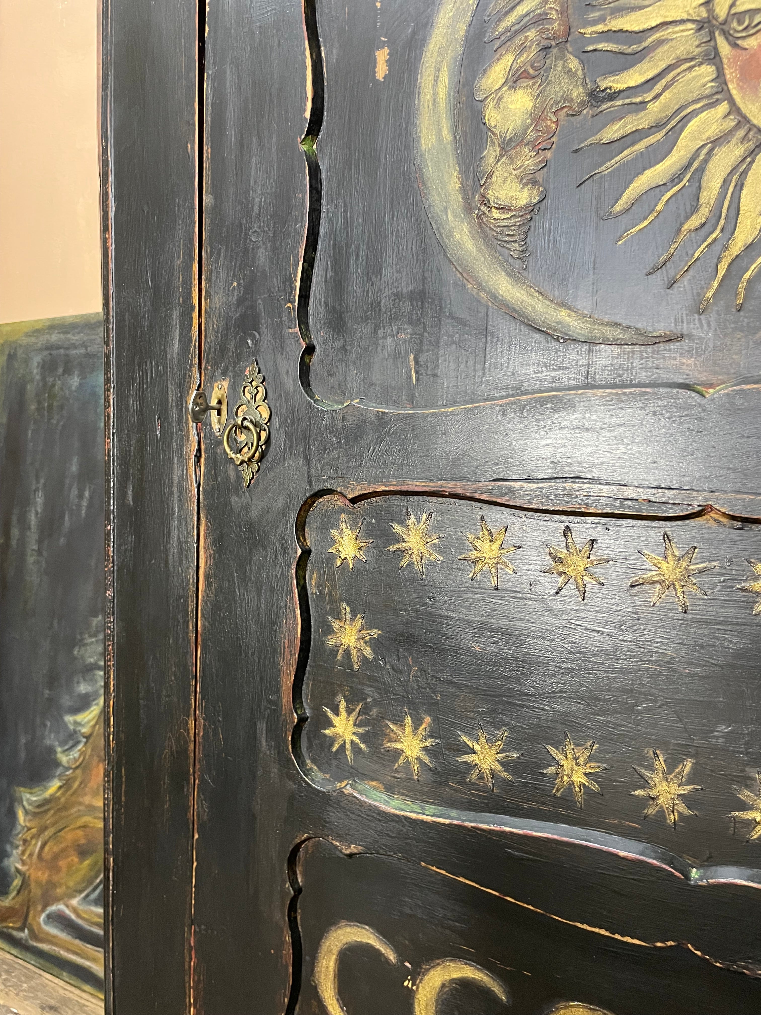 Vintage Painted Pine Folk Art Celestial Wardrobe