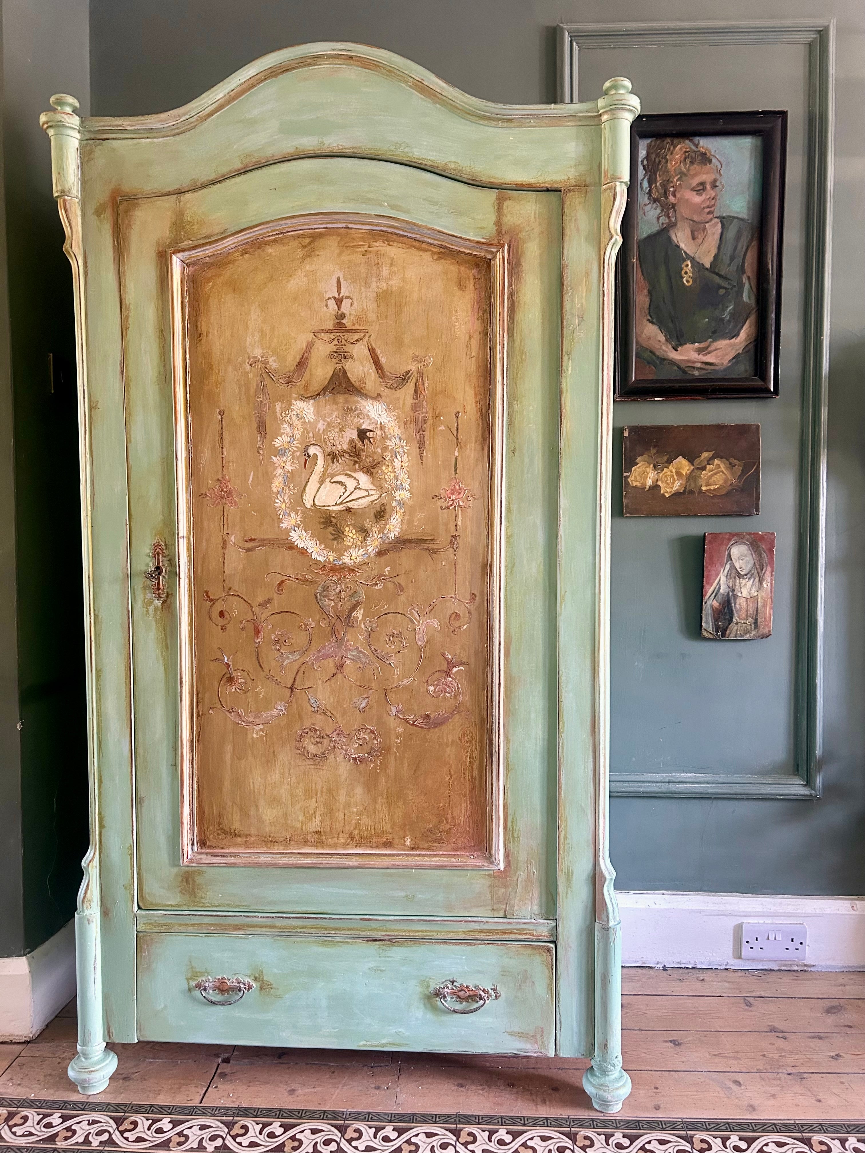 Vintage Painted Pine Armoire with Swan and Daisy Chinoiserie
