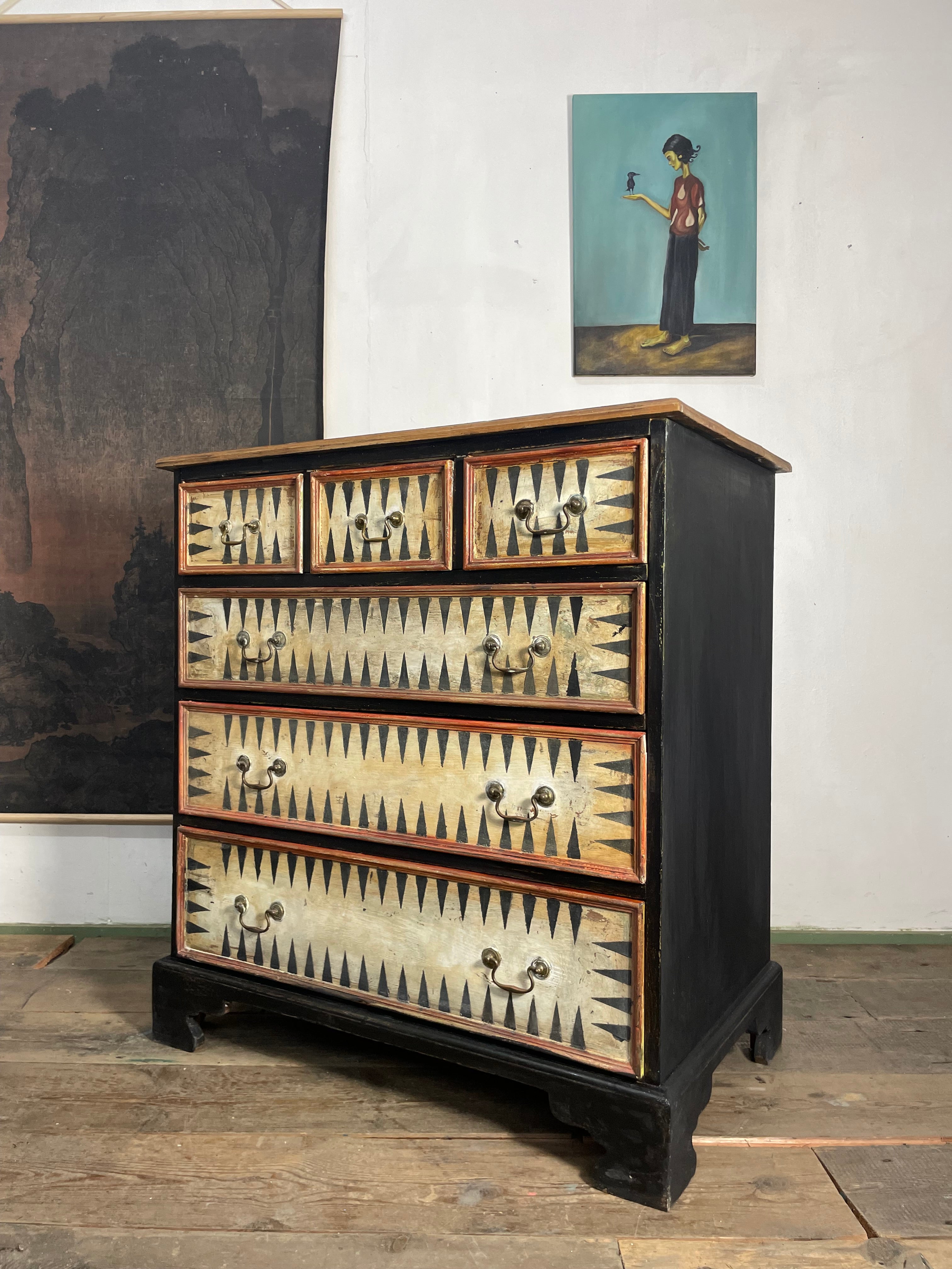 Vintage Painted Pine Folk Art Chest of Drawers