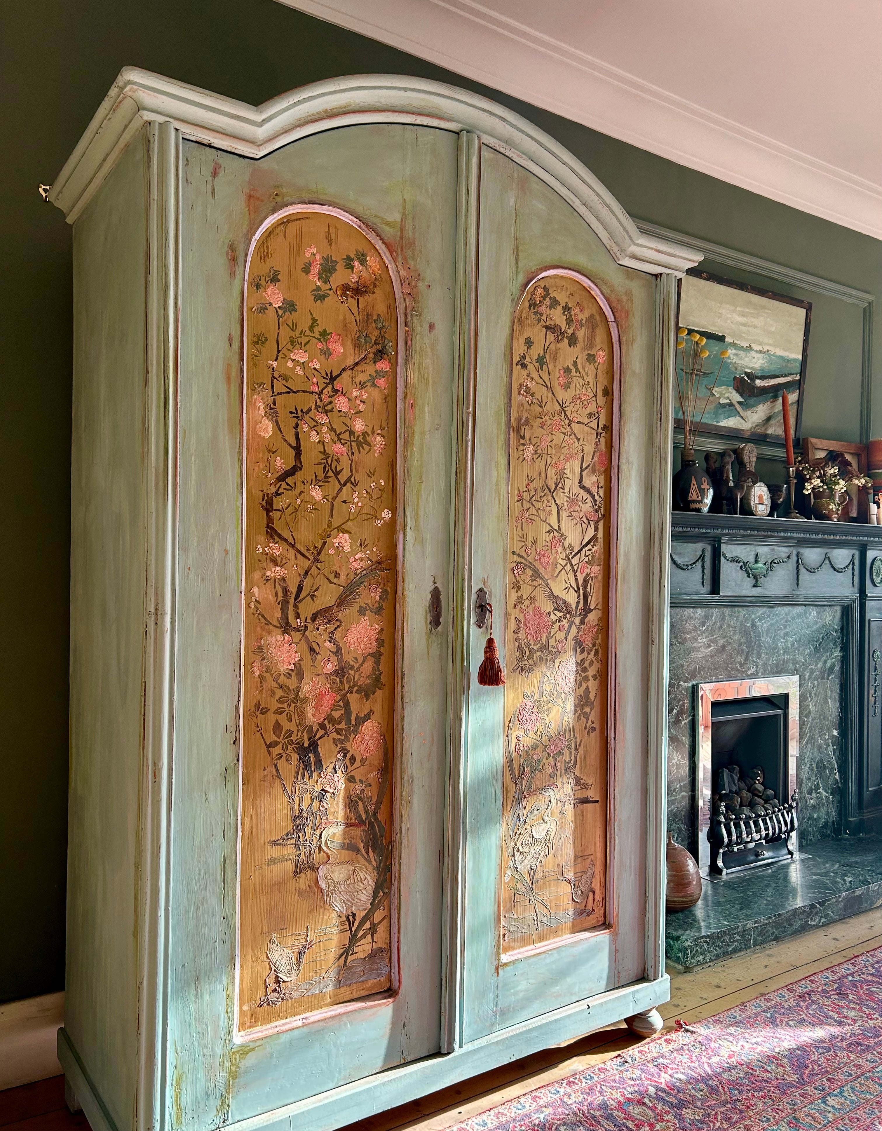 Antique Painted Wardrobe with Chinoiserie Panels