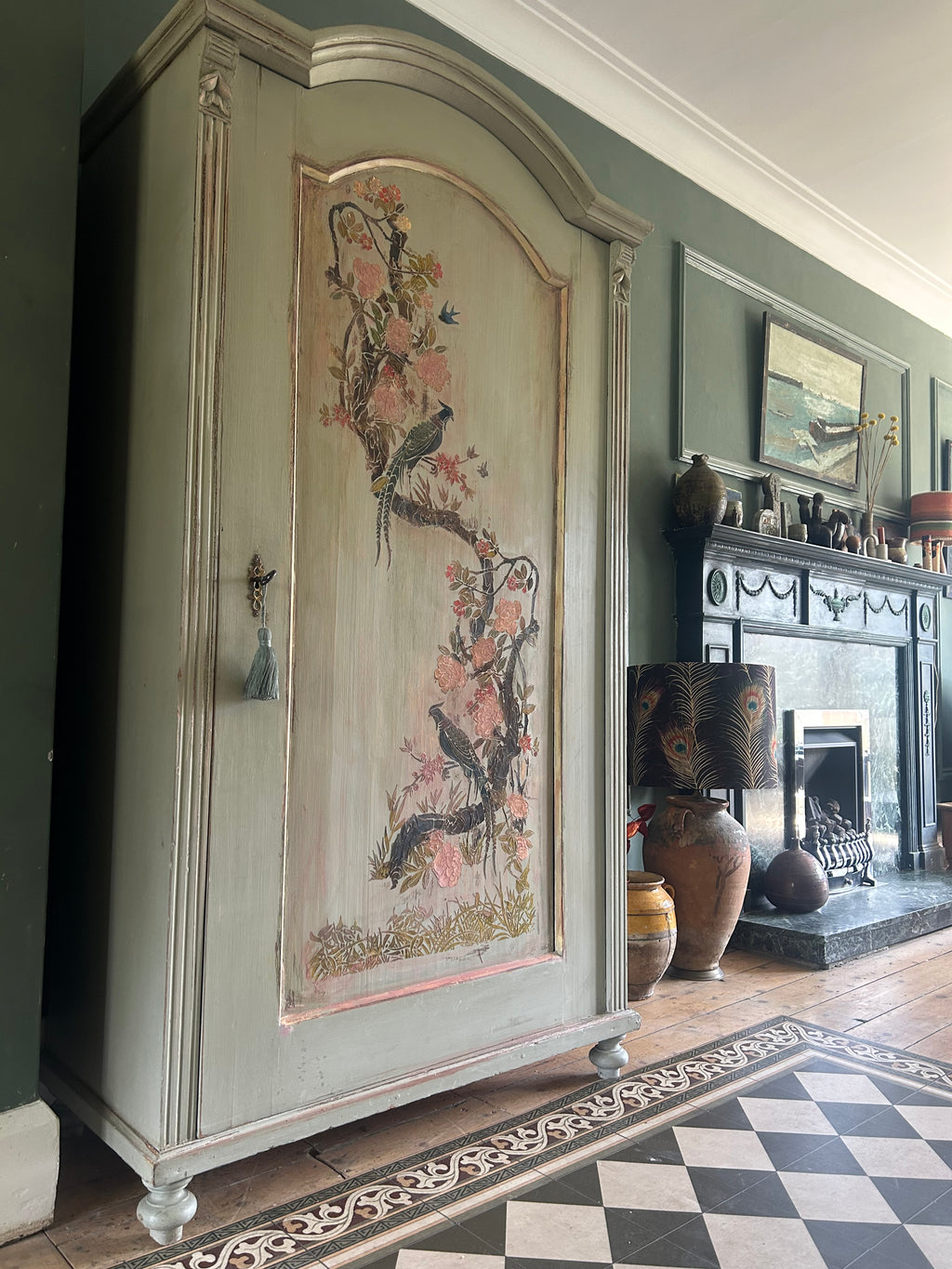 Antique Painted Pine Armoire with Chinoiserie Panel