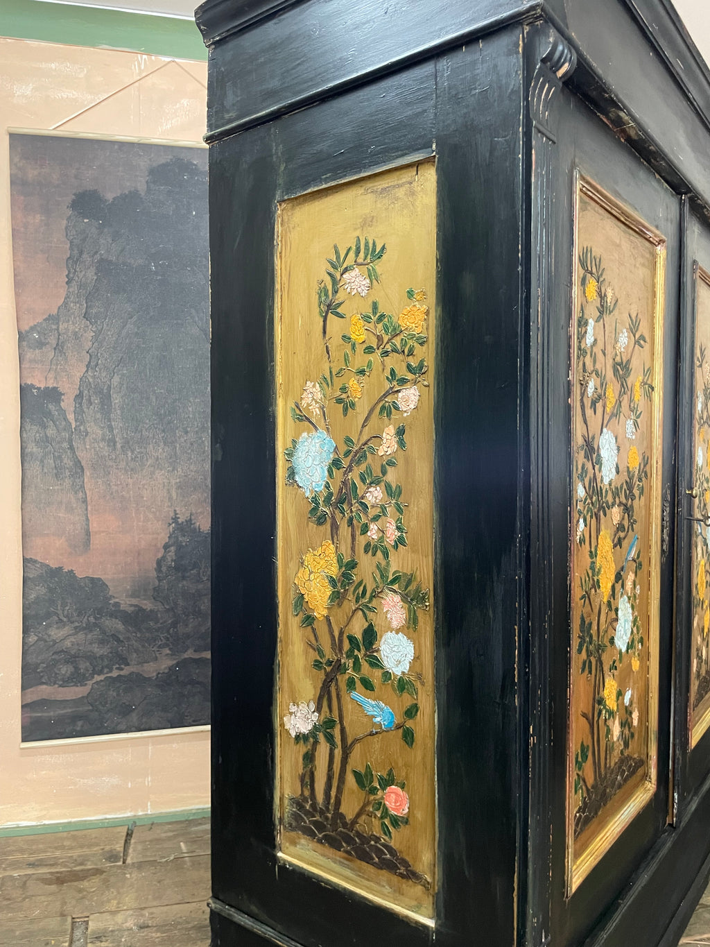 Vintage Painted Pine Wardrobe with Chinoiserie Panels