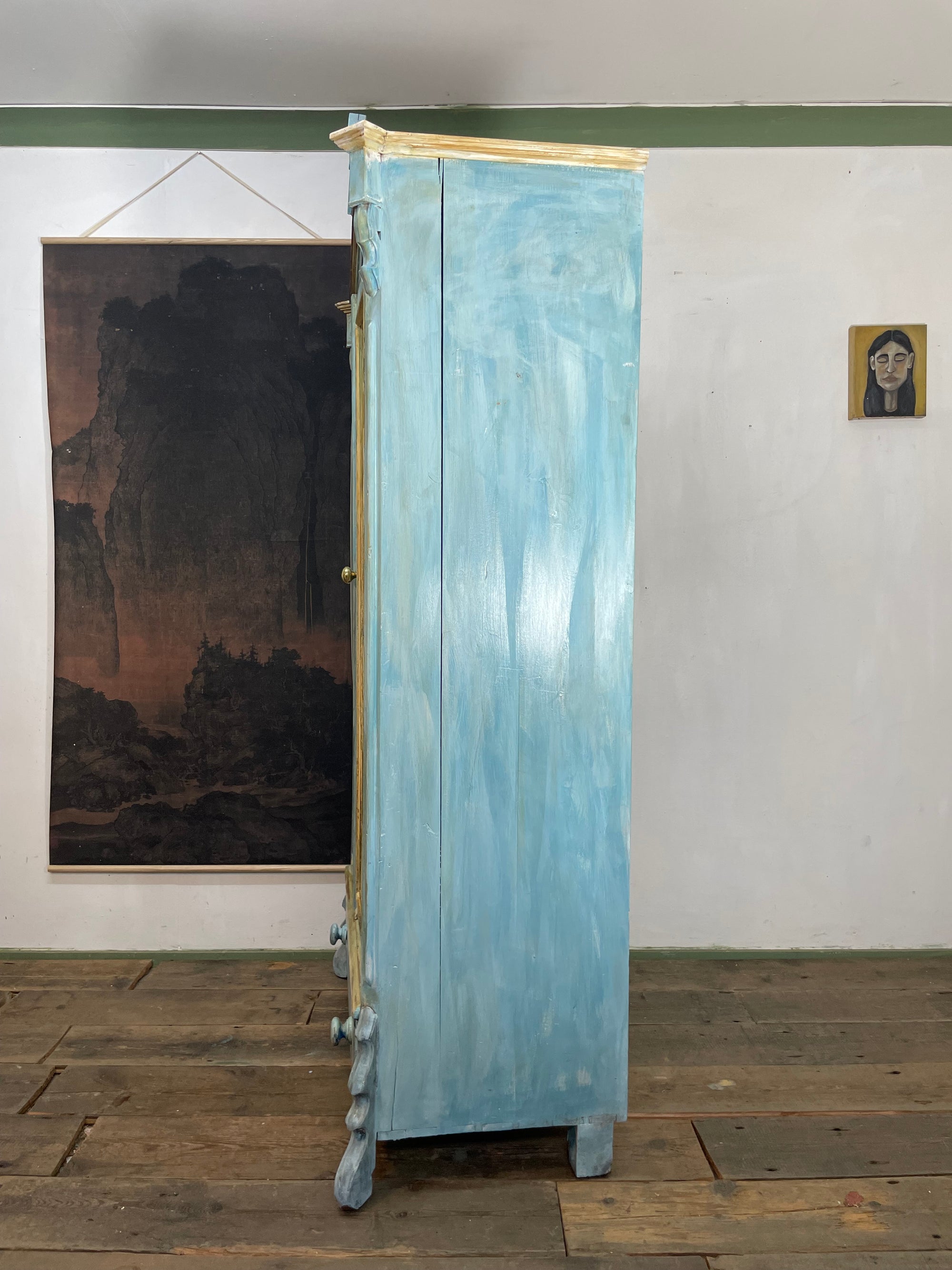 Vintage French Painted Pine Armoire with Chinoiserie Panels