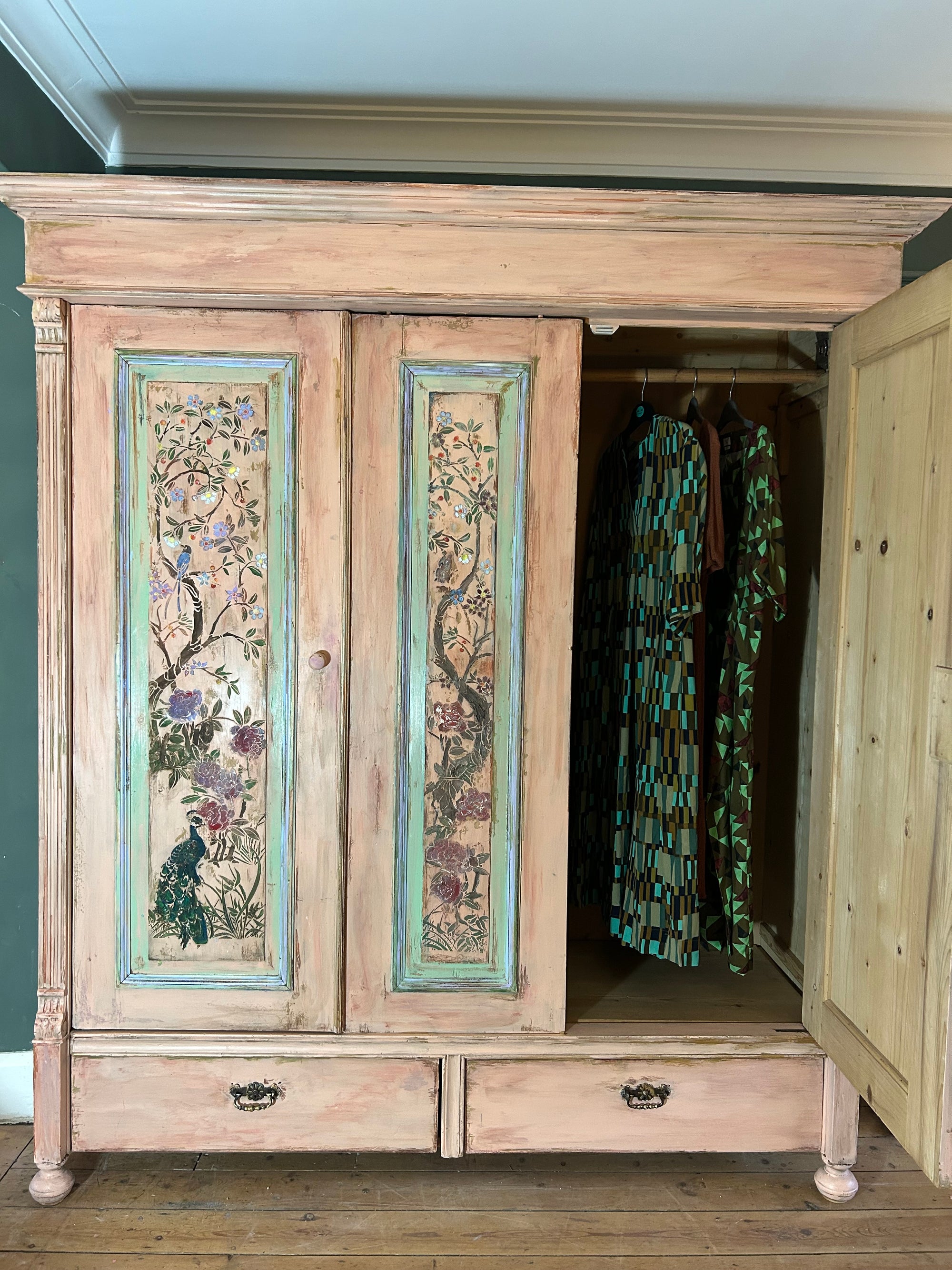 Vintage Painted Pine Large Wardrobe with Chinoiserie Panels