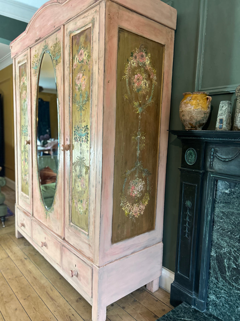 Vintage Painted Pine Triple Wardrobe with Inlaid Chinoiserie