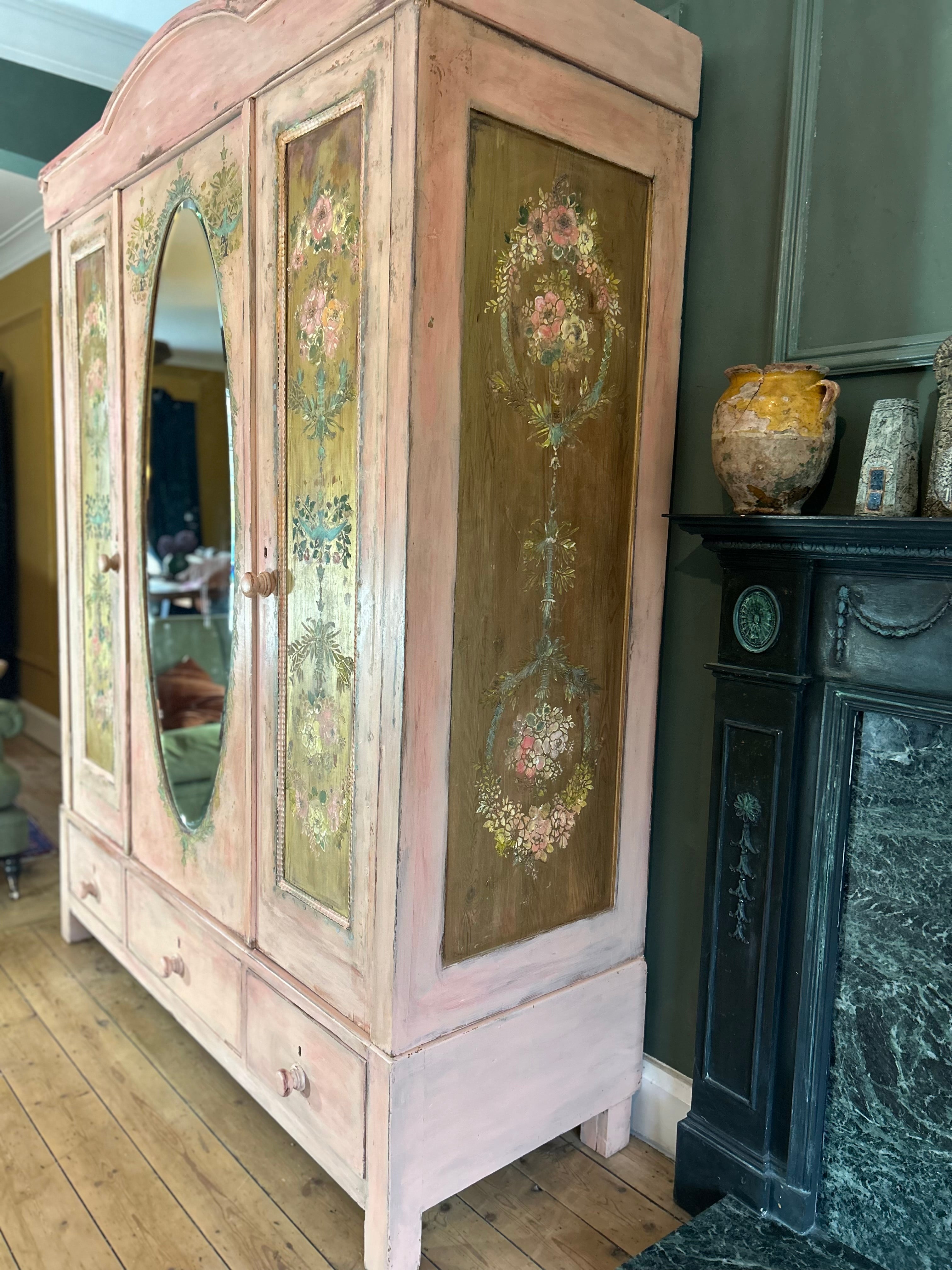 Vintage Painted Pine Triple Wardrobe with Inlaid Chinoiserie
