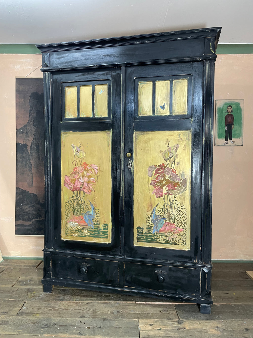 Vintage Painted Pine Knockdown Wardrobe with Inlaid Design