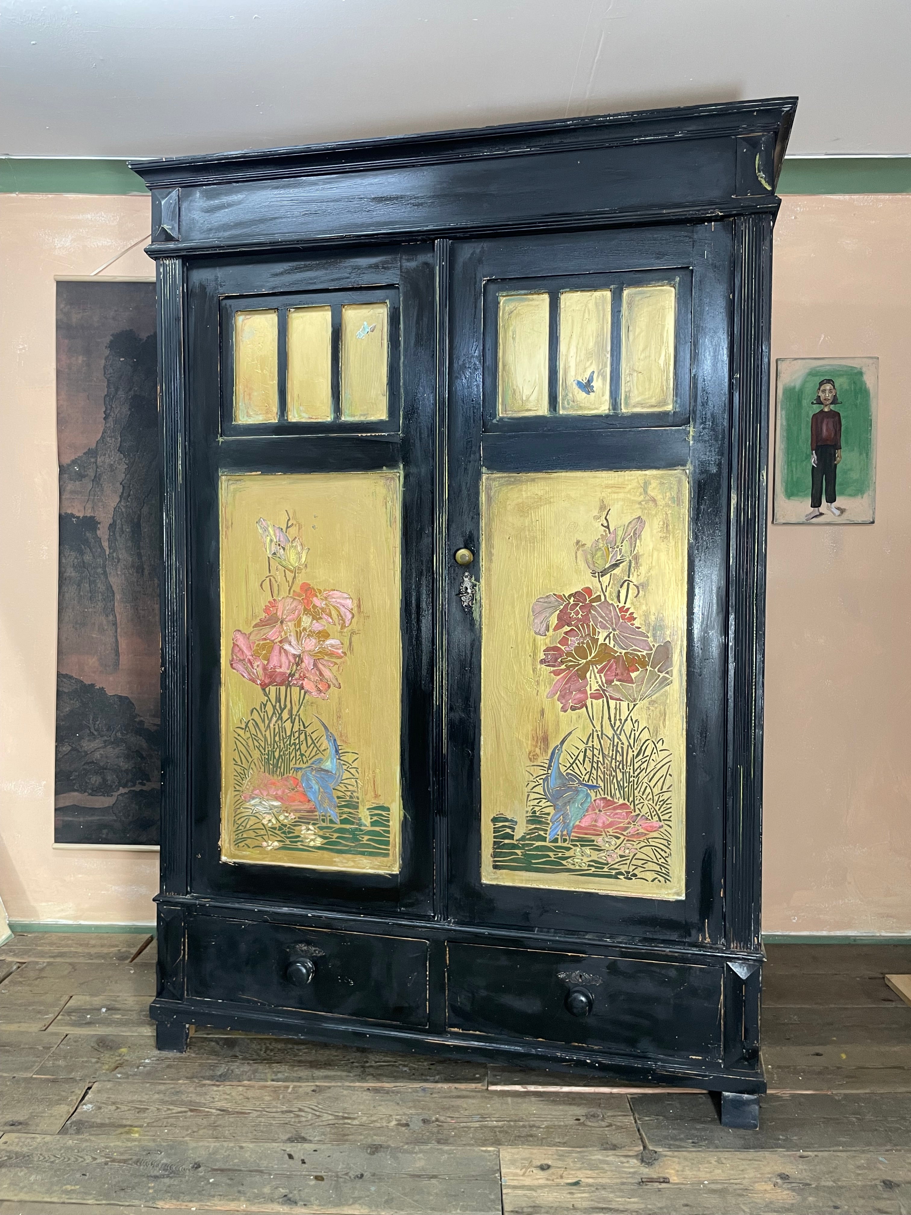 Vintage Painted Pine Knockdown Wardrobe with Inlaid Design