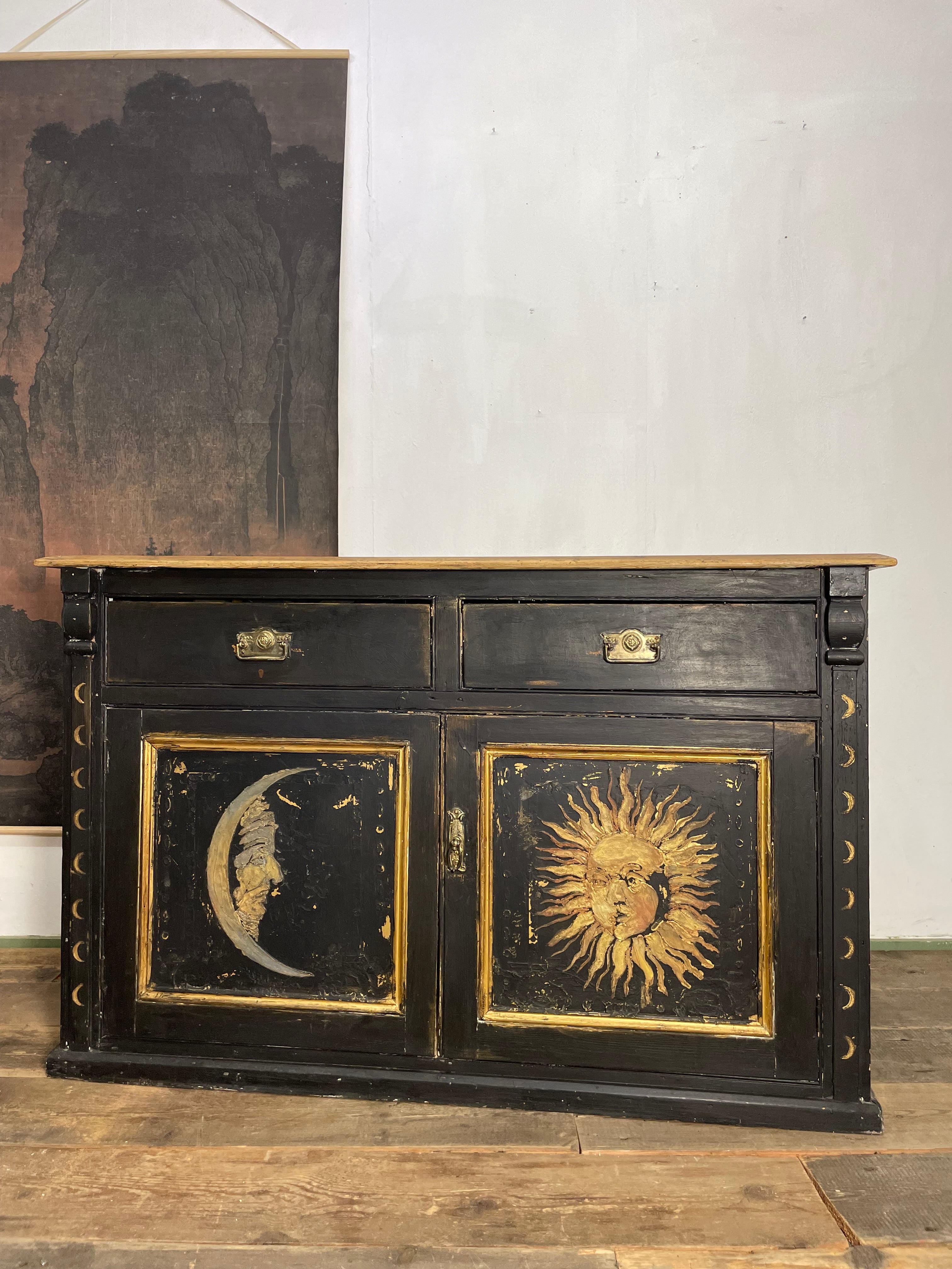 Vintage Painted Pine Sun & Moon Cupboard