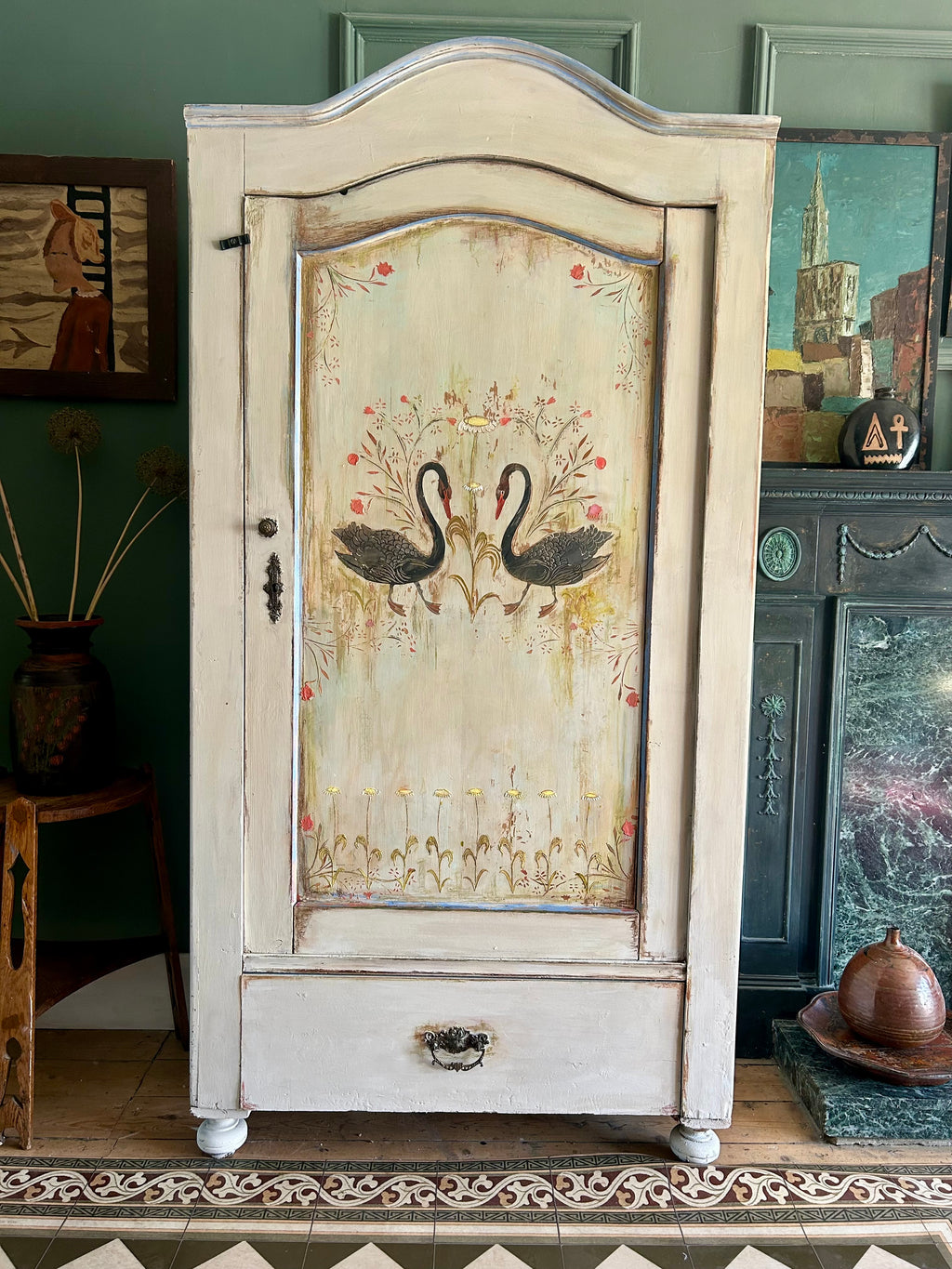 Vintage Painted Pine Folk Art Wardrobe