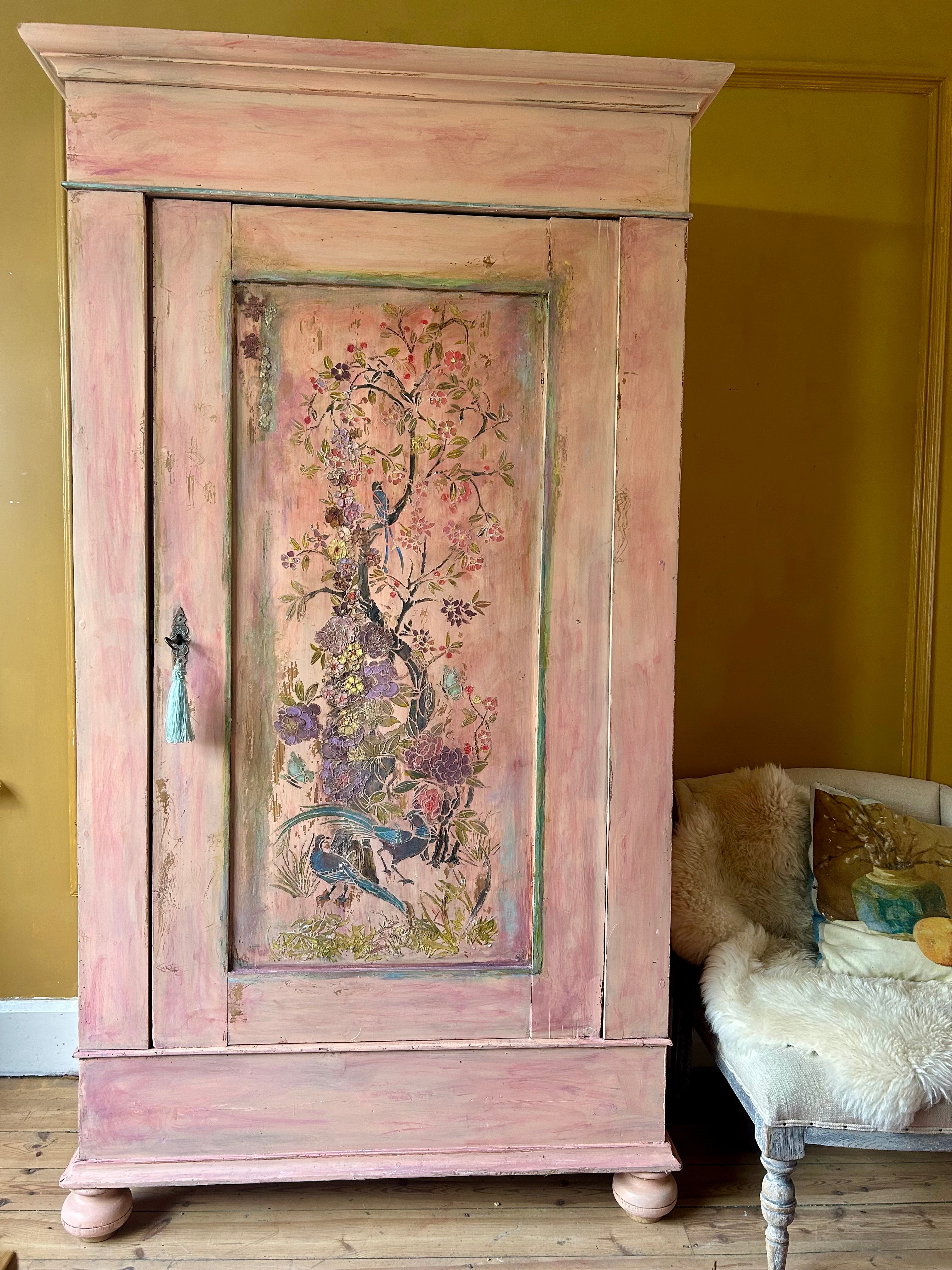 Vintage Painted Cupboard/Armoire with Chinoiserie Panel