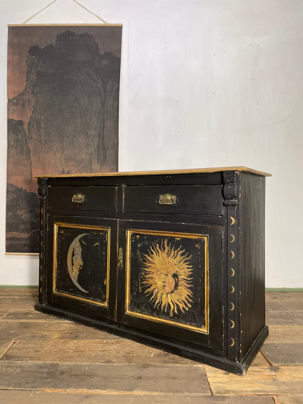 Vintage Painted Pine Sun & Moon Cupboard