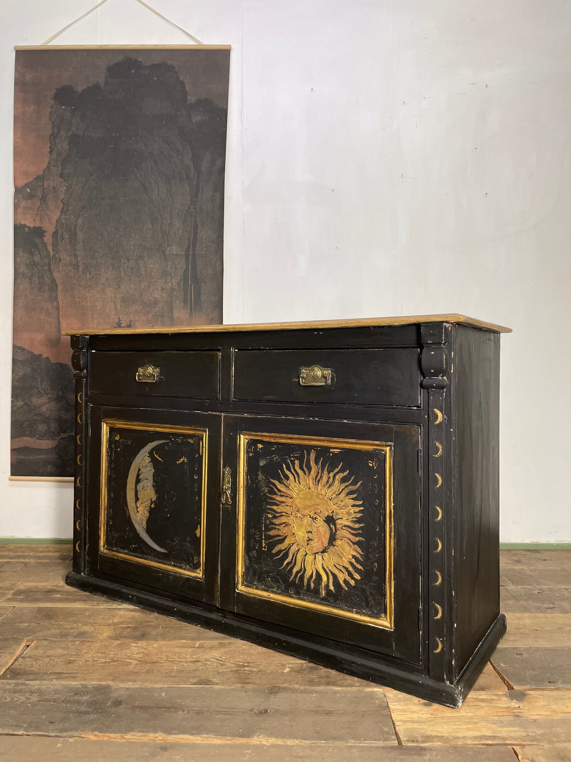Vintage Painted Pine Sun & Moon Cupboard