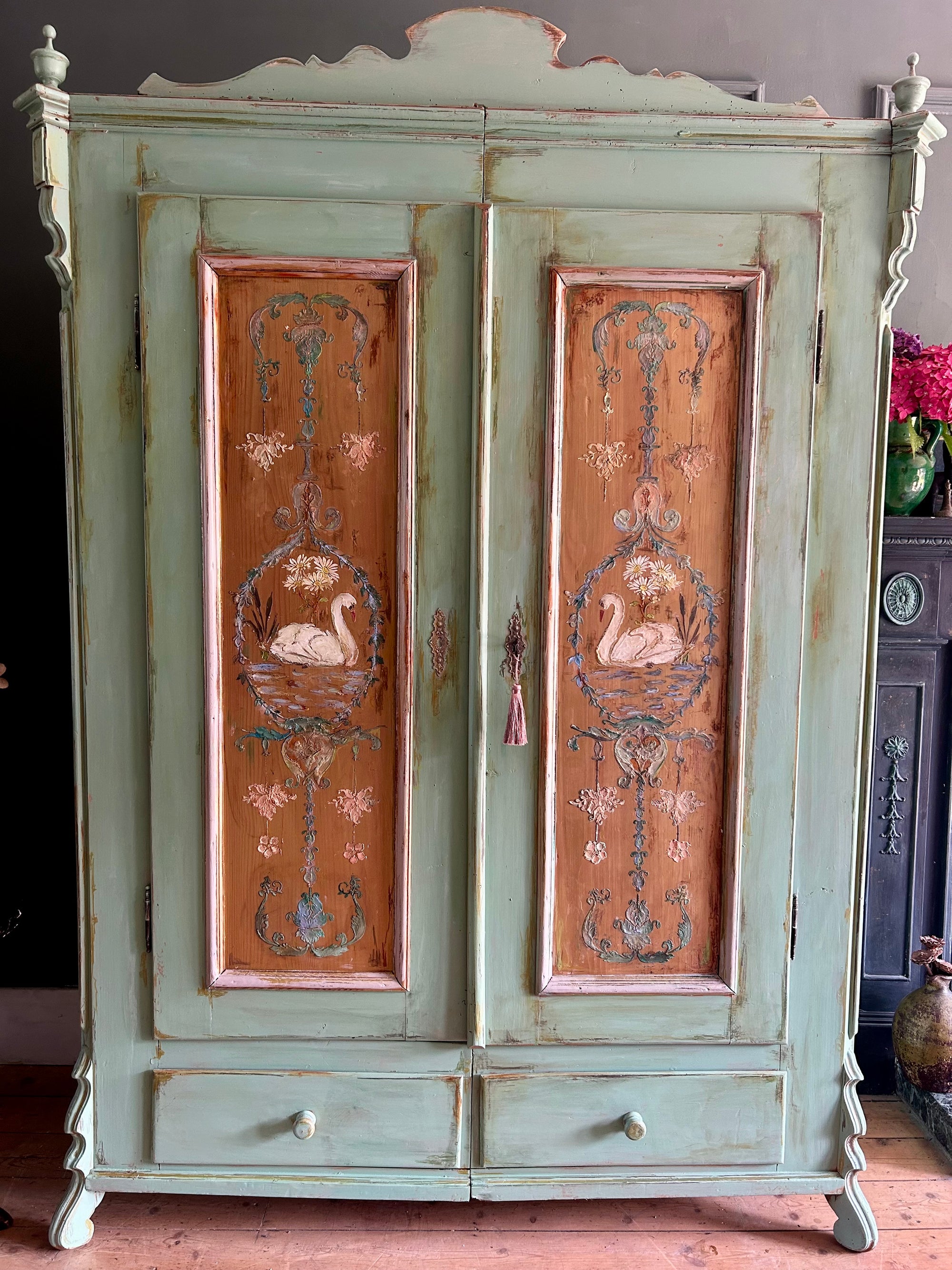 Vintage Painted Pine Wardrobe with Inlaid Swan Chinoiserie