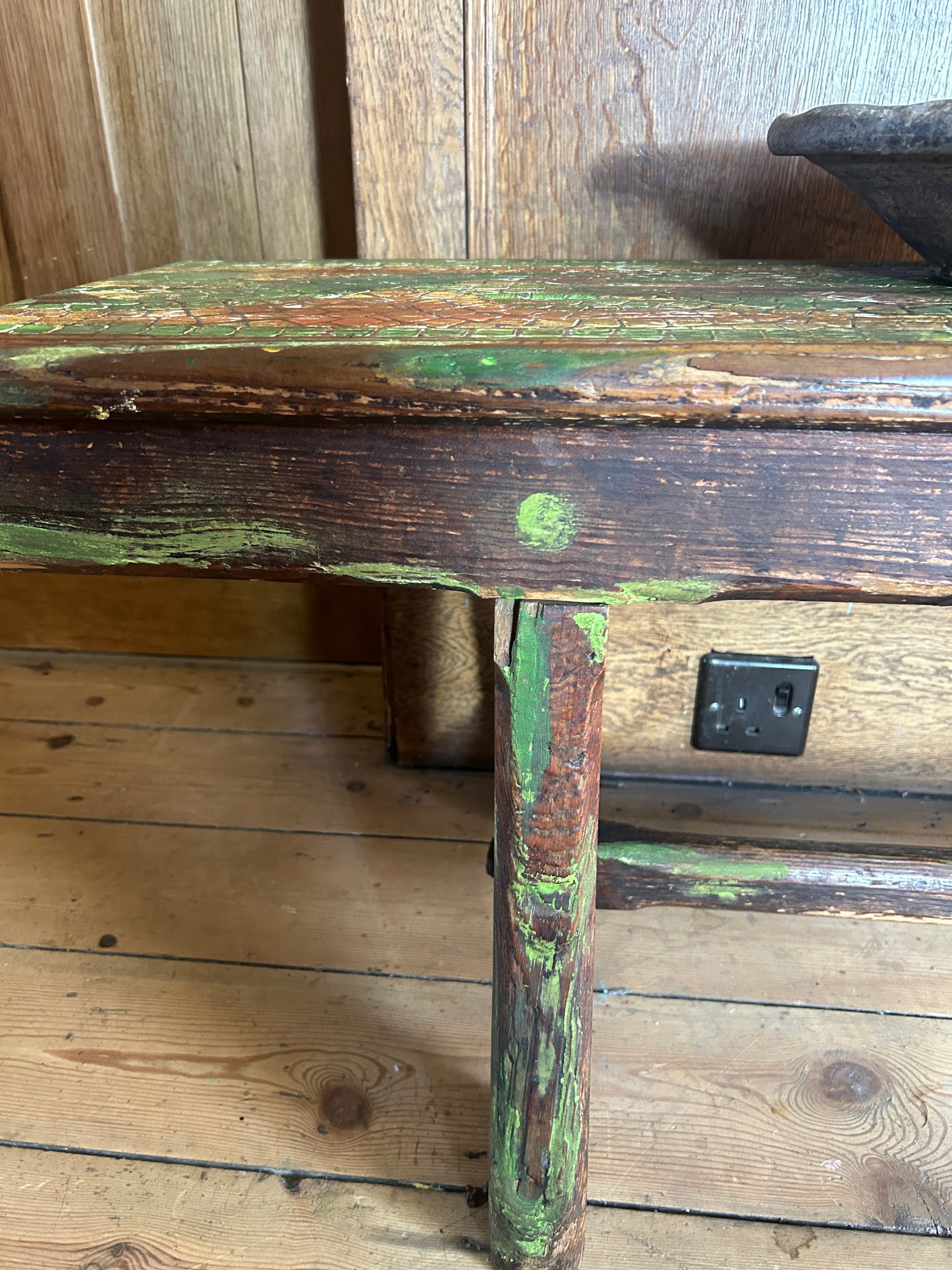 Vintage Painted Oak Bench with Inlaid Design