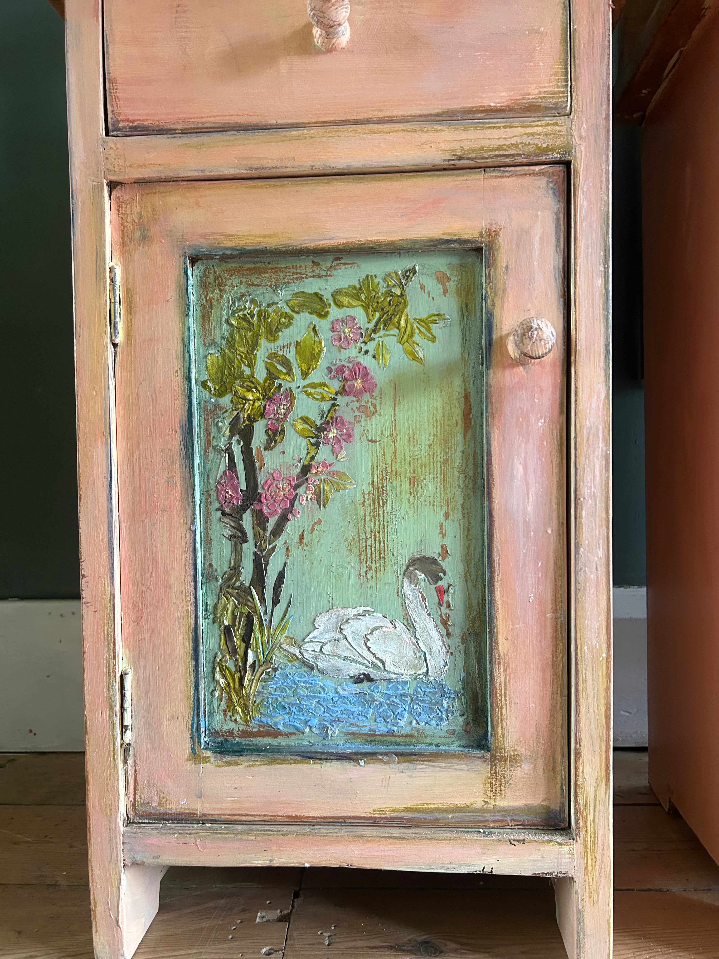 Vintage Painted Pine Bedside Cabinets with Inlaid Chinoiserie