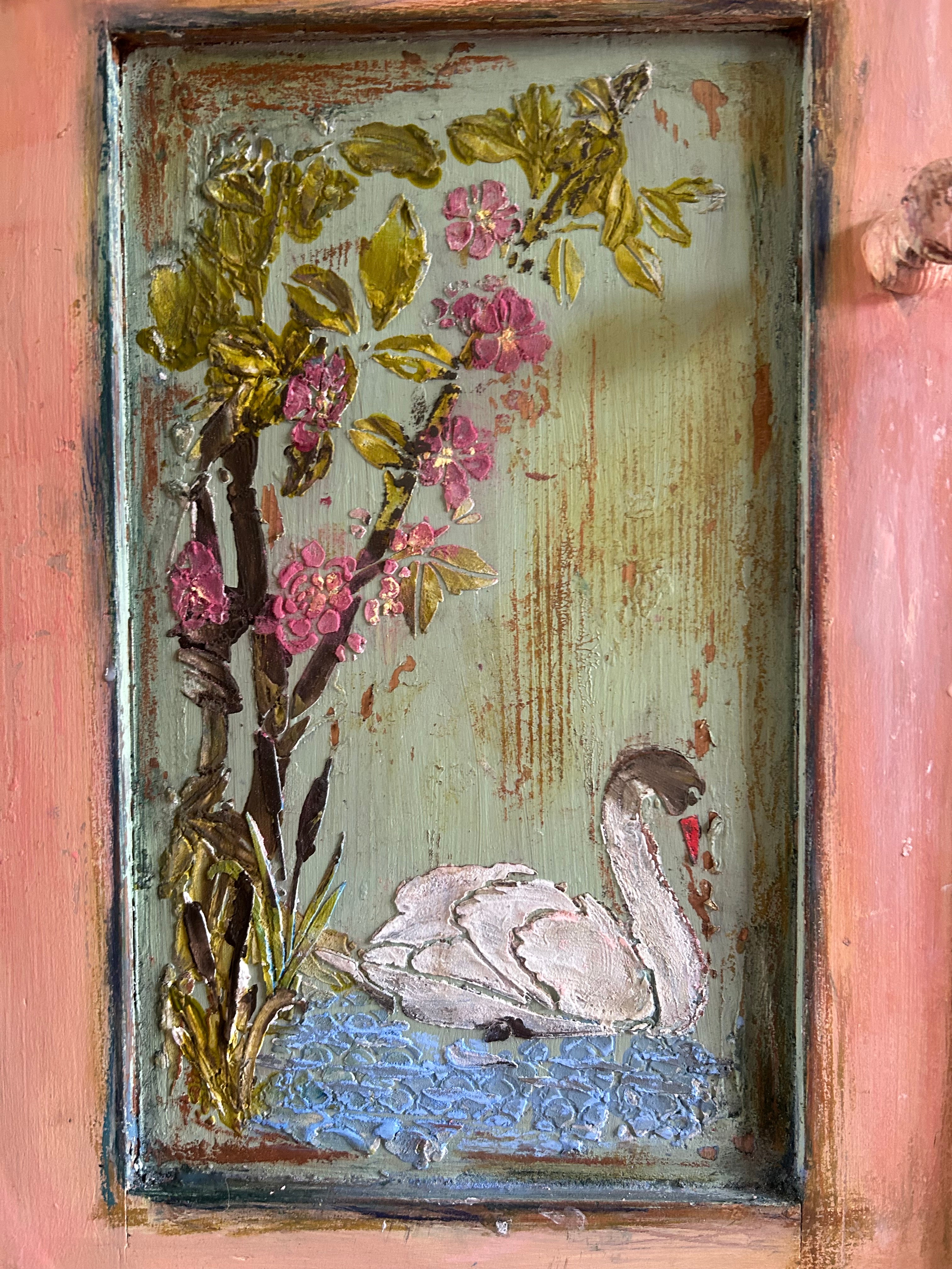 Vintage Painted Pine Bedside Cabinets with Inlaid Chinoiserie