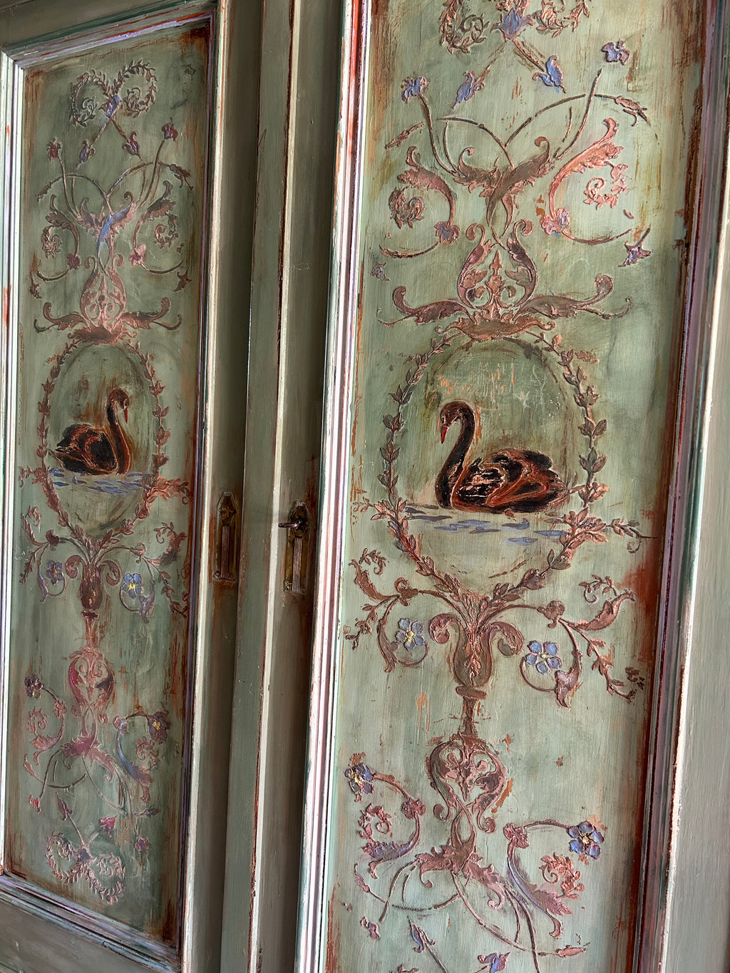 Painted Pine French Wardrobe with Chinoiserie Black Swan