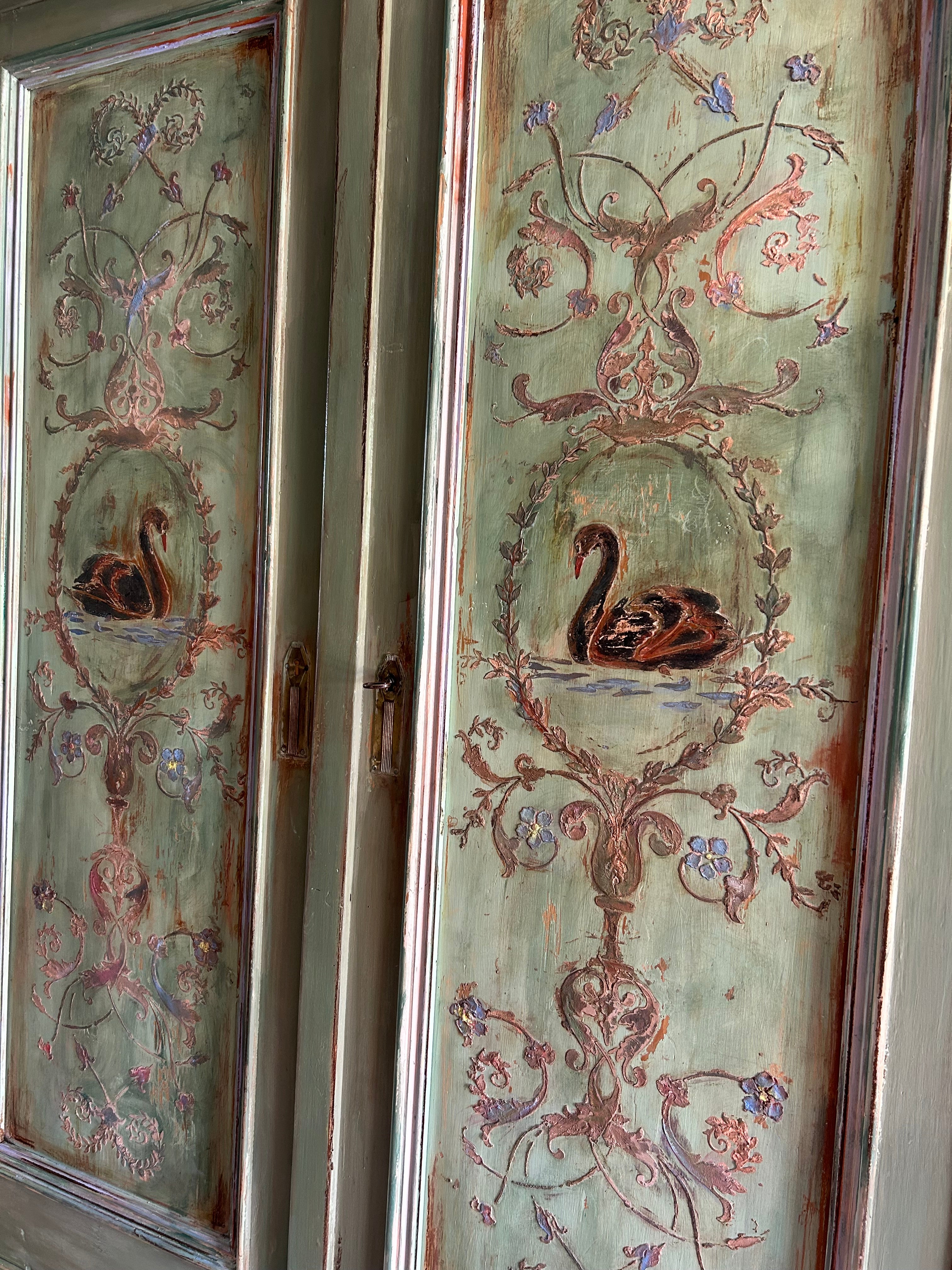 Painted Pine French Wardrobe with Chinoiserie Black Swan